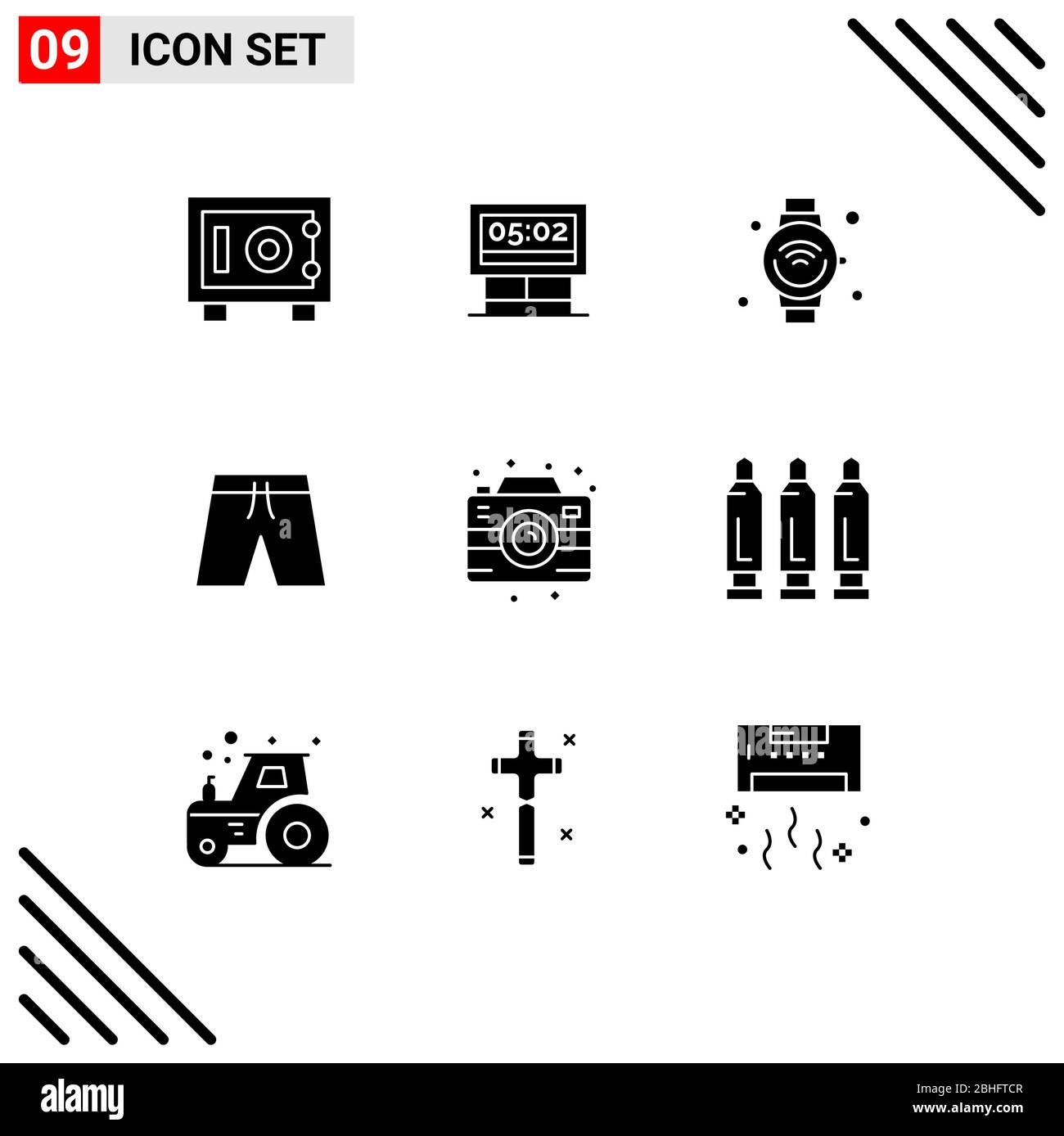 Modern Set of 9 Solid Glyphs and symbols such as camera, short, internet, clothing, shorts Editable Vector Design Elements Stock Vector
