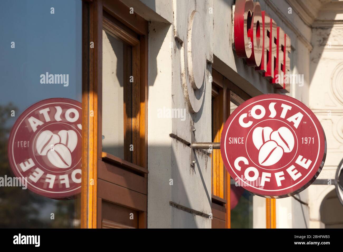 PRAGUE, CZECHIA - OCTOBER 31, 2019: Costa Coffee logo in front of one of their coffee houses in Prague. Costa Coffee is a multinational British chain Stock Photo