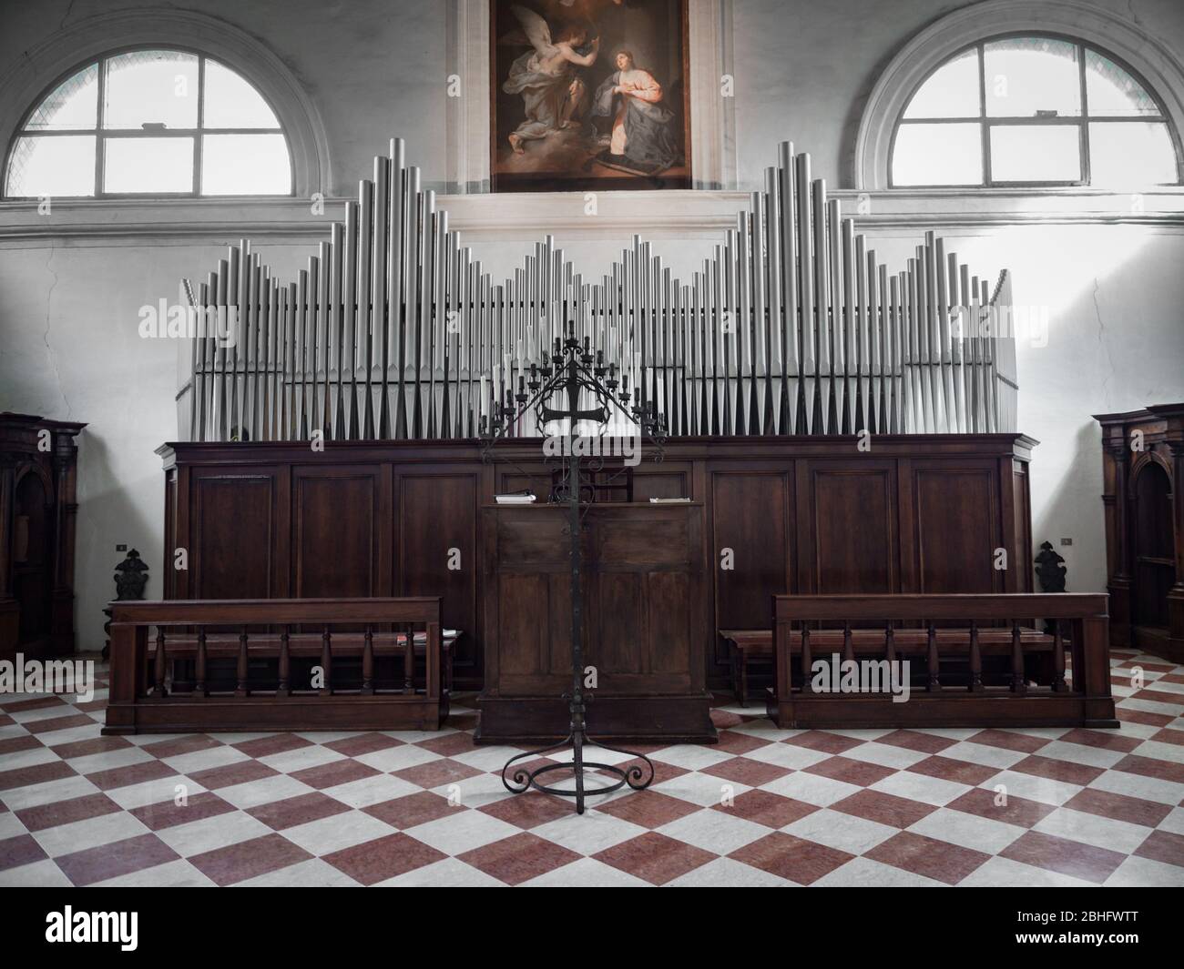 Padua, Italy - April 2, 2018: Ancient organ inside the abbey of Carceri. Stock Photo