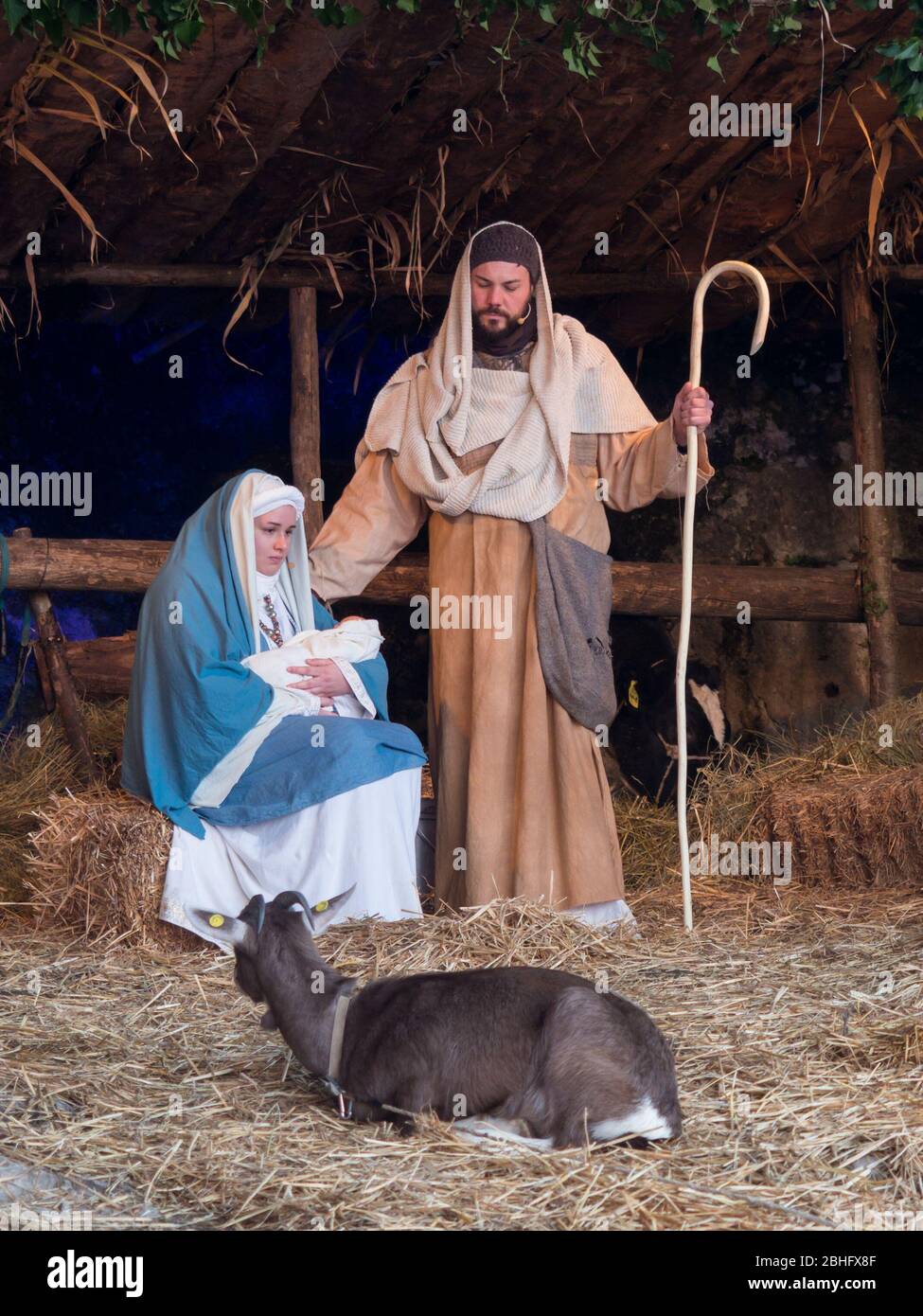 Vicenza, Italy - December 29, 2019: The holy family in the living nativity scene made on the occasion of Christmas. Stock Photo