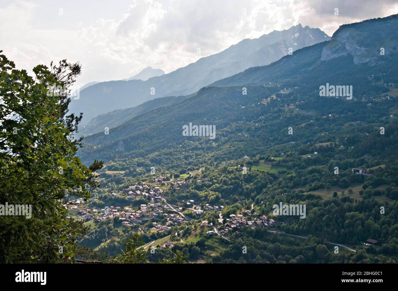 Looking down over Saviese from the Bisse du Torrent Neuf, Valais Canton, Switzerland Stock Photo