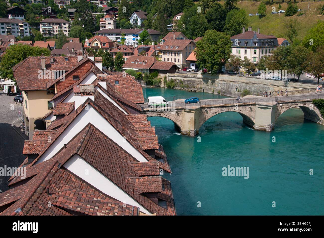 Aare River passing below the Old Town quarter of Berne, the Swiss federal capital Stock Photo