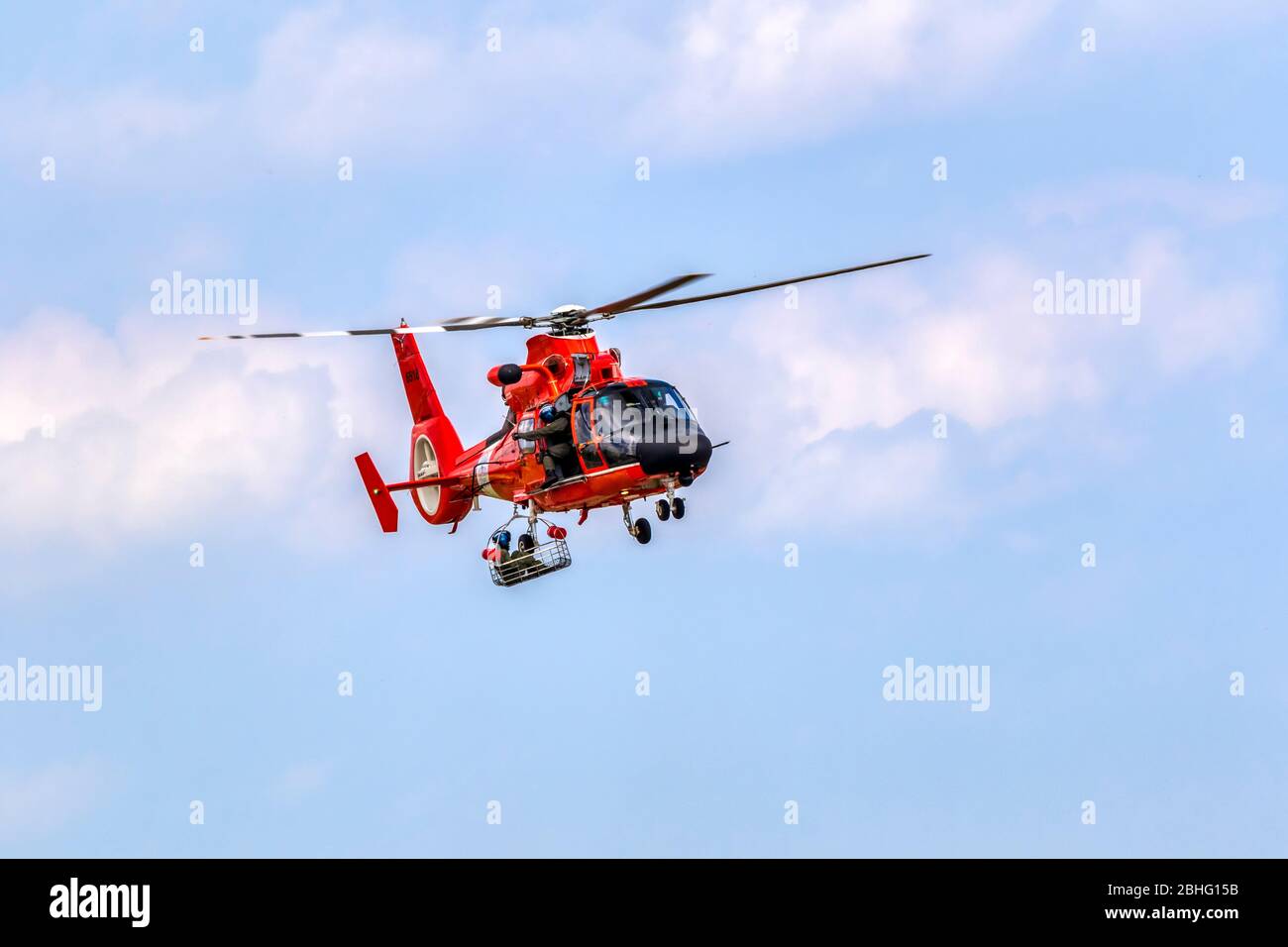 US Coast Guard MH-65 Dolphin Helicopter search and rescue demonstration at 2019 Wings Over Houston airshow, Houston, Texas. Stock Photo