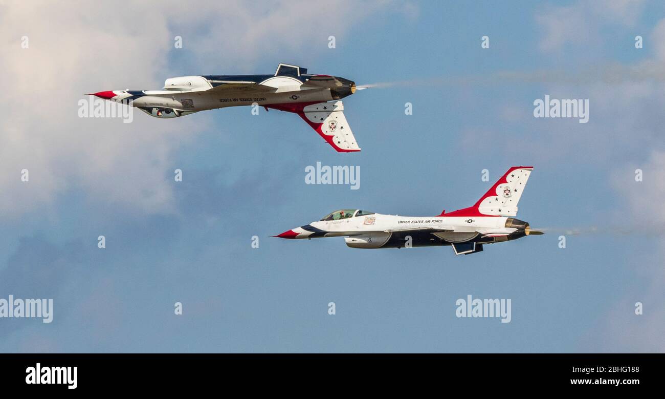 United States Air Force Thunderbirds performing their precision flying demonstration at 2019 Wings Over Houston, Houston, Texas. Stock Photo