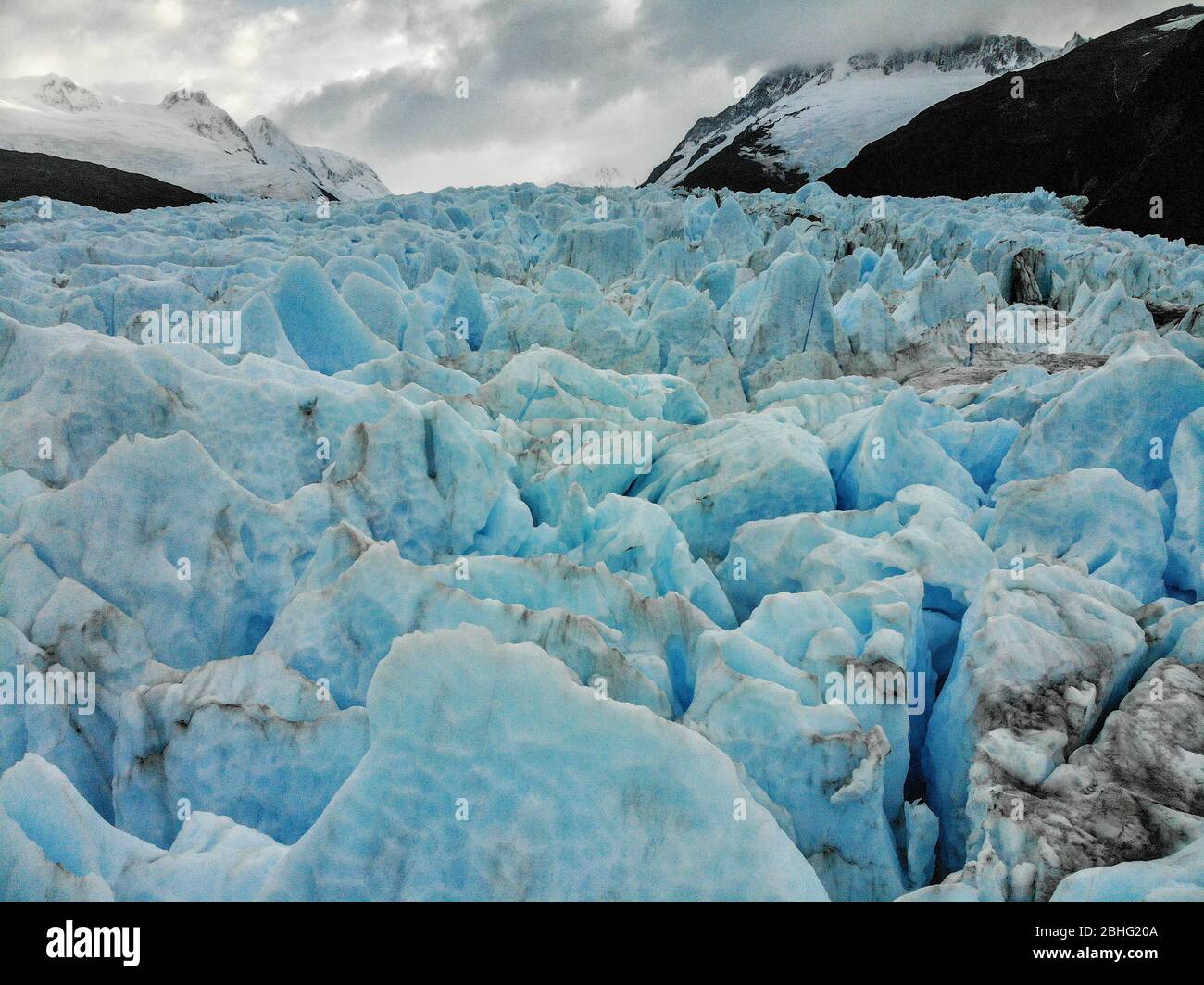 Aerial view of the medial moraine of the Garibaldi Glaciar Stock Photo