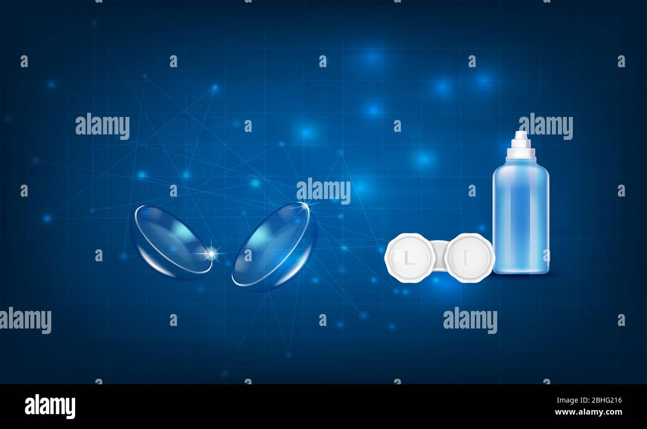 mock up illustration of contact lens case and solution bottle on water