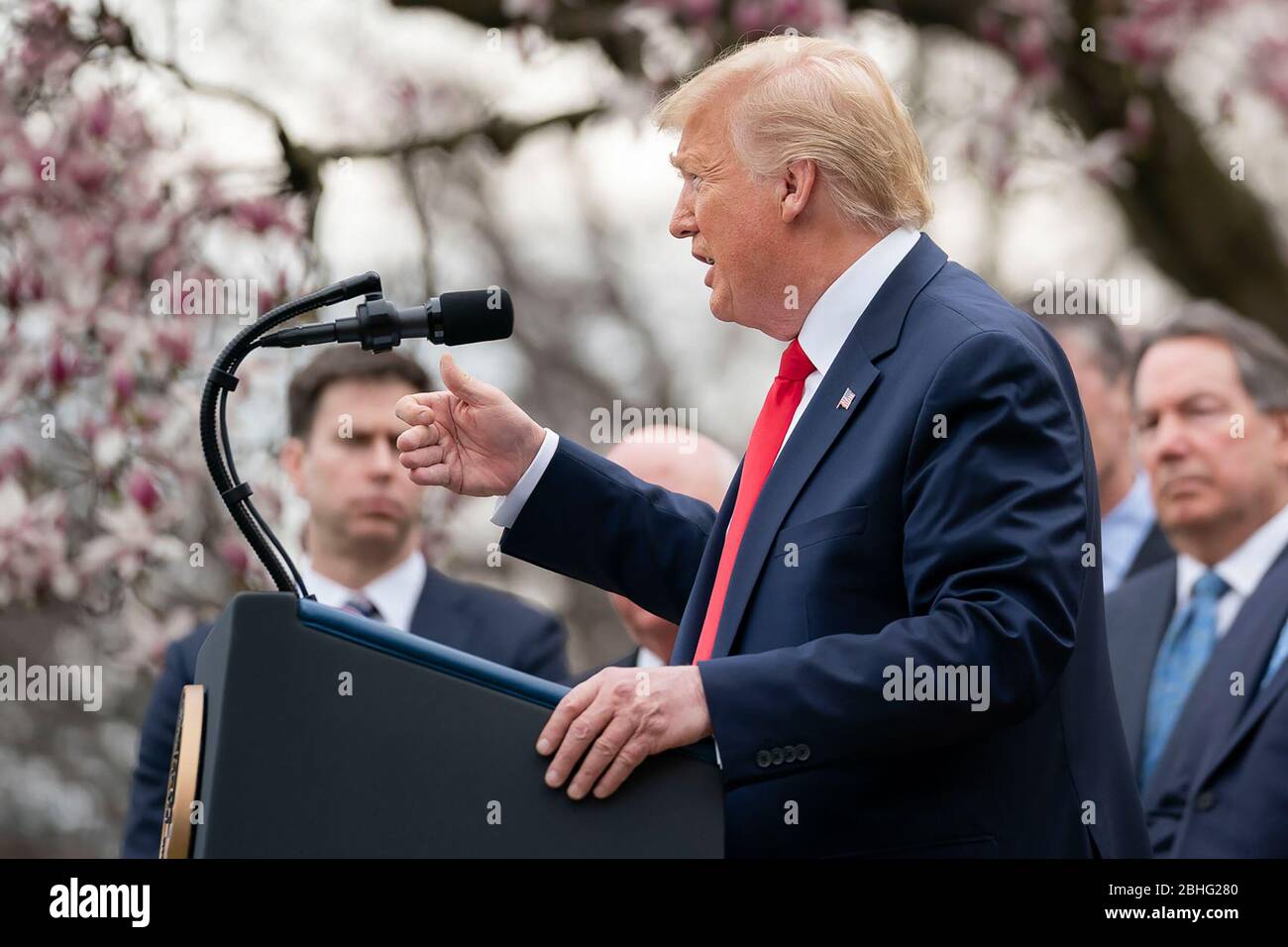 President Donald J. Trump, joined by members of the White House Coronavirus Task Force, announces a national emergency to further battle the Coronavirus outbreak, at a news conference Friday, March 13, 2020, in the Rose Garden of the White House. (USA) Stock Photo