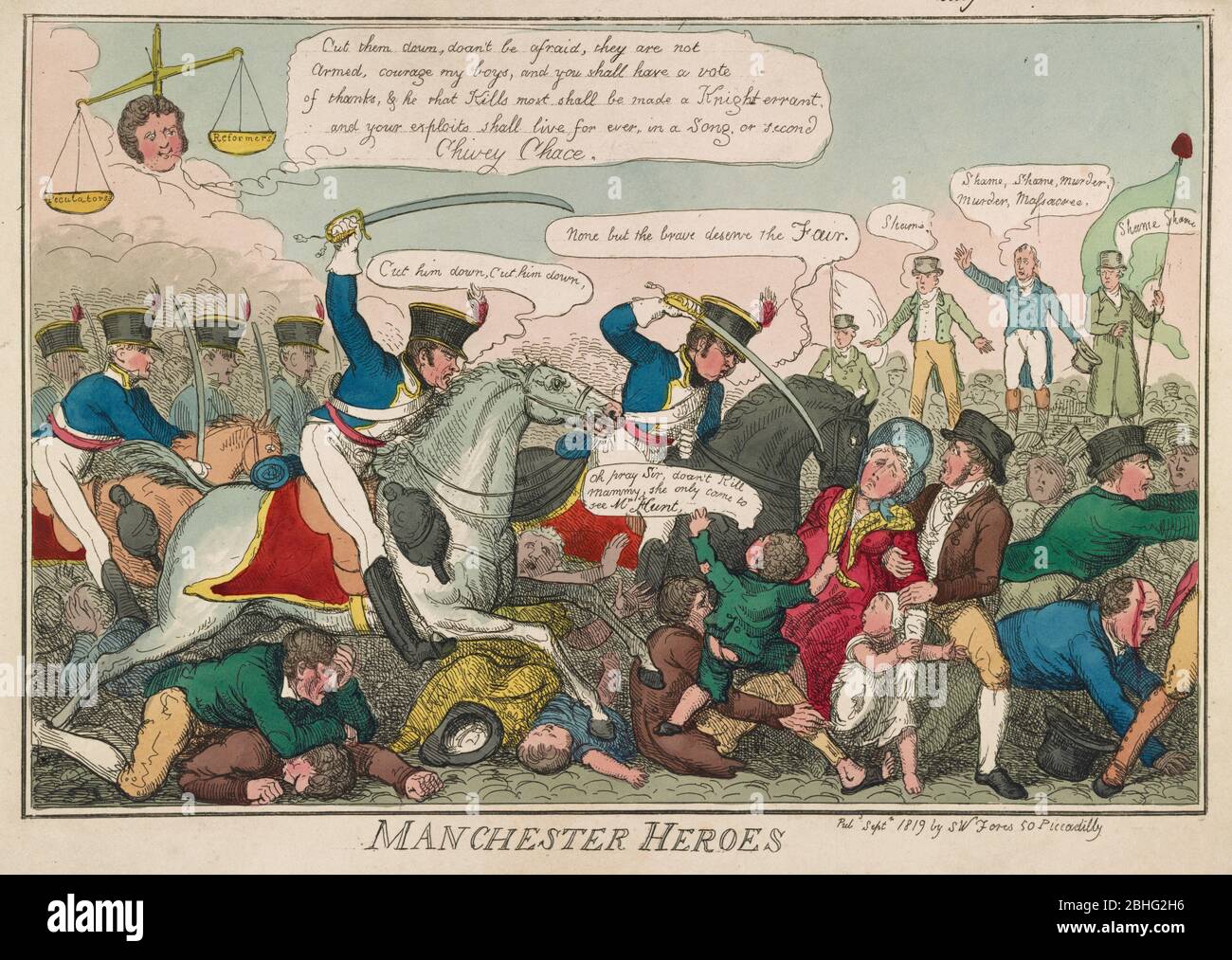 Print shows Manchester Yeomanry attacking crowd assembled to hear Henry Hunt and other radical orators at St. Peter's Field, Manchester, England, on August 16, 1819. Stock Photo