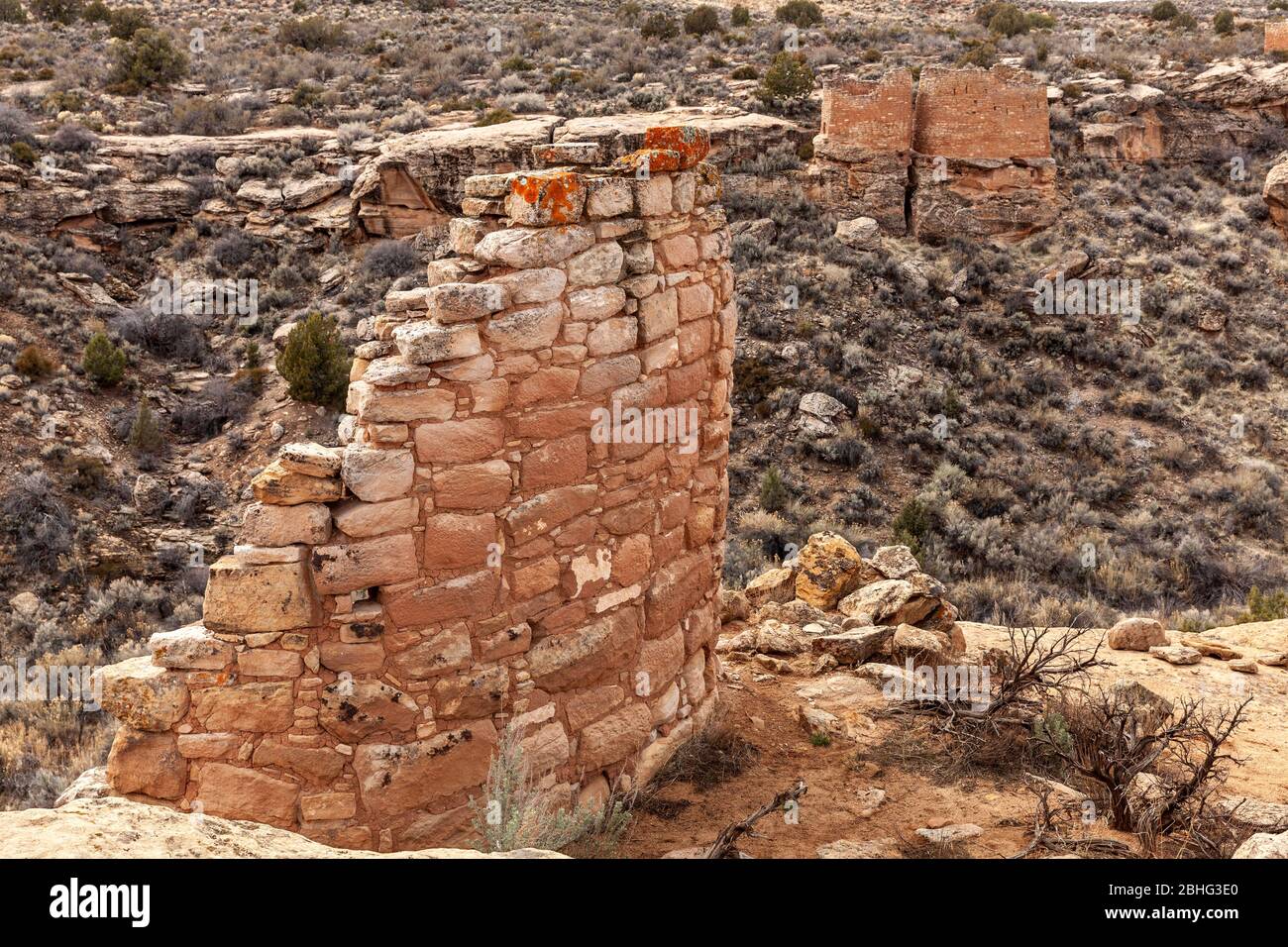 UT00511-00...UTAH - Ancestral Pueblo People structure at Hovenweep National Monument with  Stronghold House and Twin Towers in the distance. Stock Photo