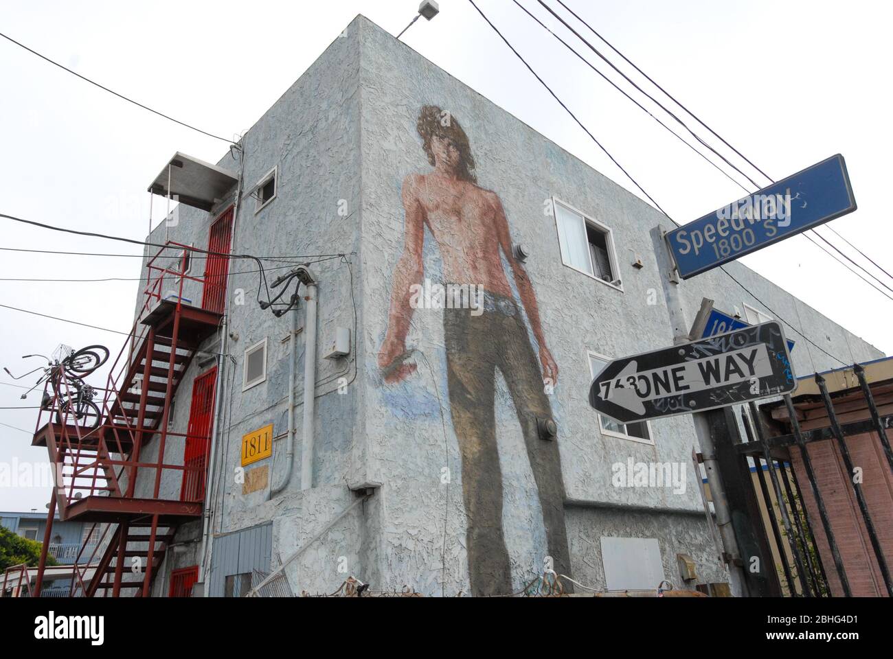 LOS ANGELES, USA - August 2008: Mural of Jim Morrison on a building exterior wall, Venice Beach, California. Painted by Rip Cronk in 1991. Stock Photo