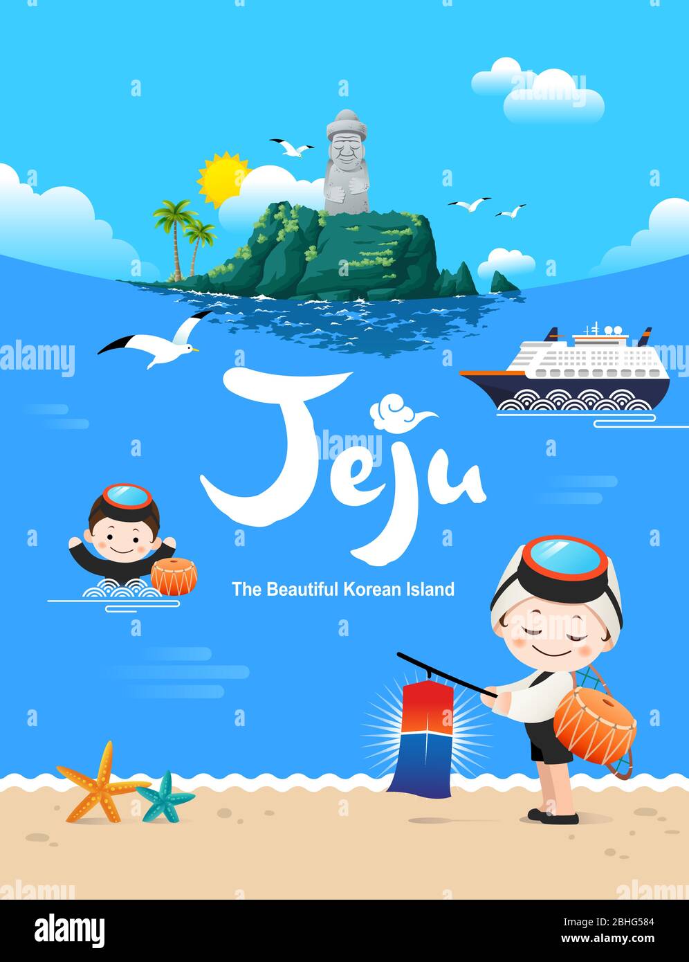 Beautiful Korean Island, Jeju. Seongsan Ilchulbong, stone grandfather, cruise ship, traditional female diver, blue sea background. Stock Vector