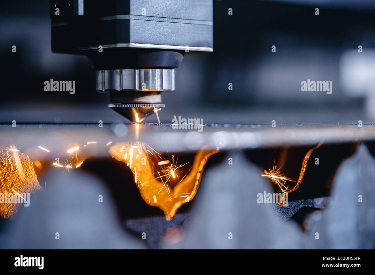 Cnc Gas Cutting Metal Sheet Sparks Fly Blue Steel Color Modern Industrial Technology Stock Photo Alamy
