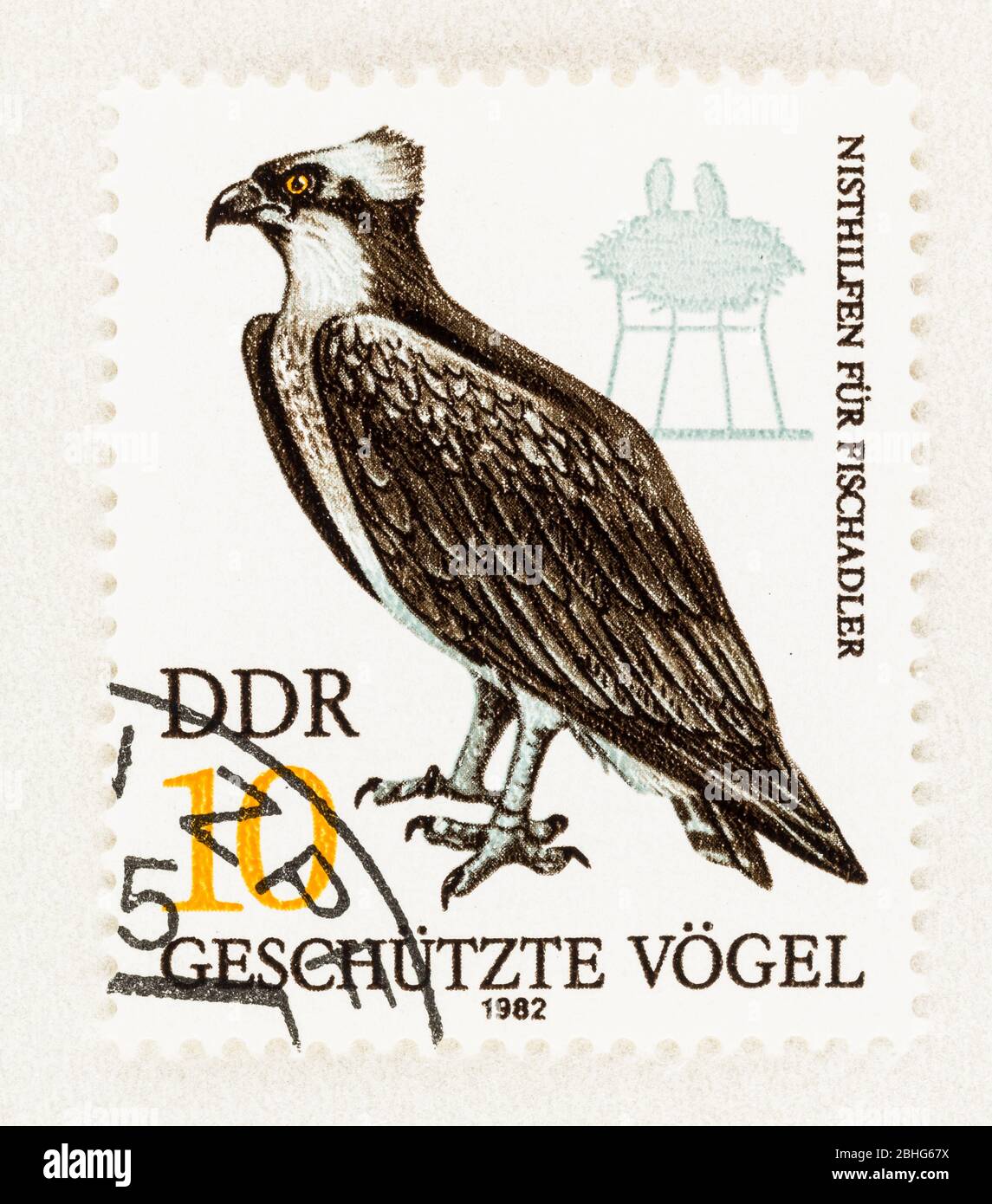 SEATTLE WASHINGTON - April 25, 2020: DDR postage stamp promoting the use of nesting aids for endangered bird of prey Osprey. Scott # 2265 Stock Photo