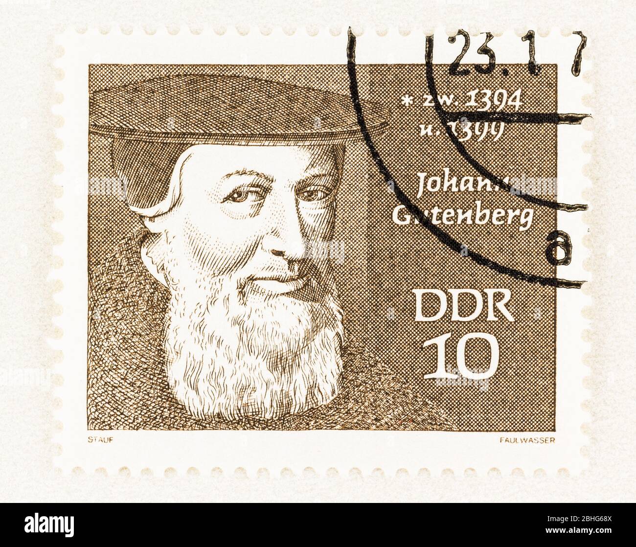 SEATTLE WASHINGTON - April 25, 2020: Postage stamp featuring portrait of inventor Johann Gutenberg of Famous People Series of DDR. Scott # 1167 Stock Photo
