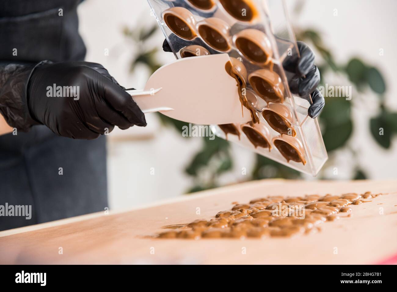 Chef or chocolatier Shakes chocolate molds for sweets Stock Photo