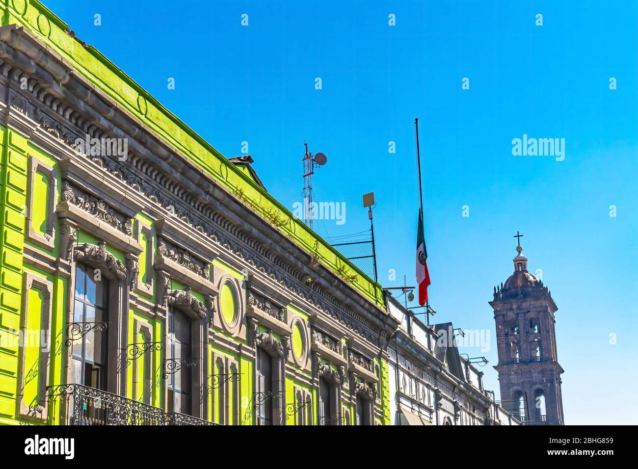 Colorful Green Balconies Shopping Street Cathedral Puebla Mexico Stock Photo