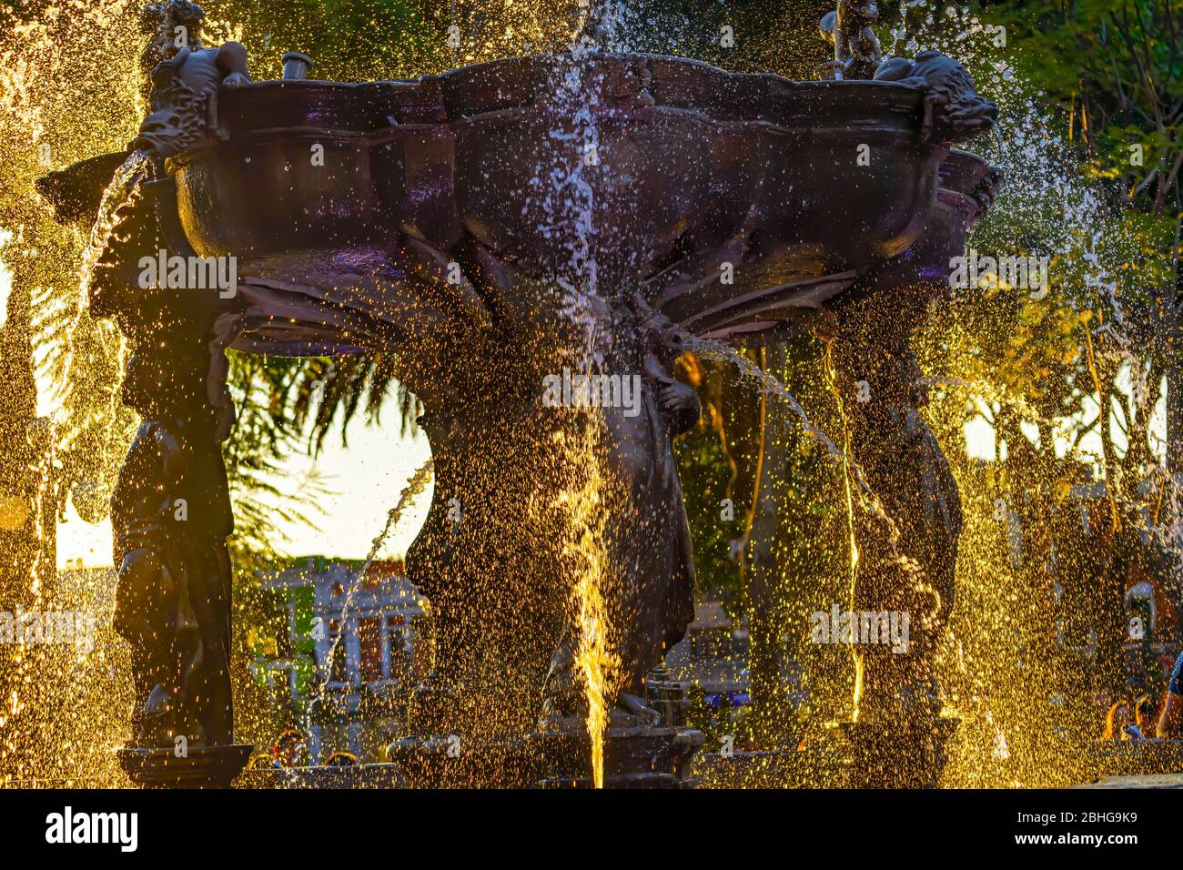 Zocalo Park Plaza San Miguel Arcangel Fountain Sunset Puebla Mexico