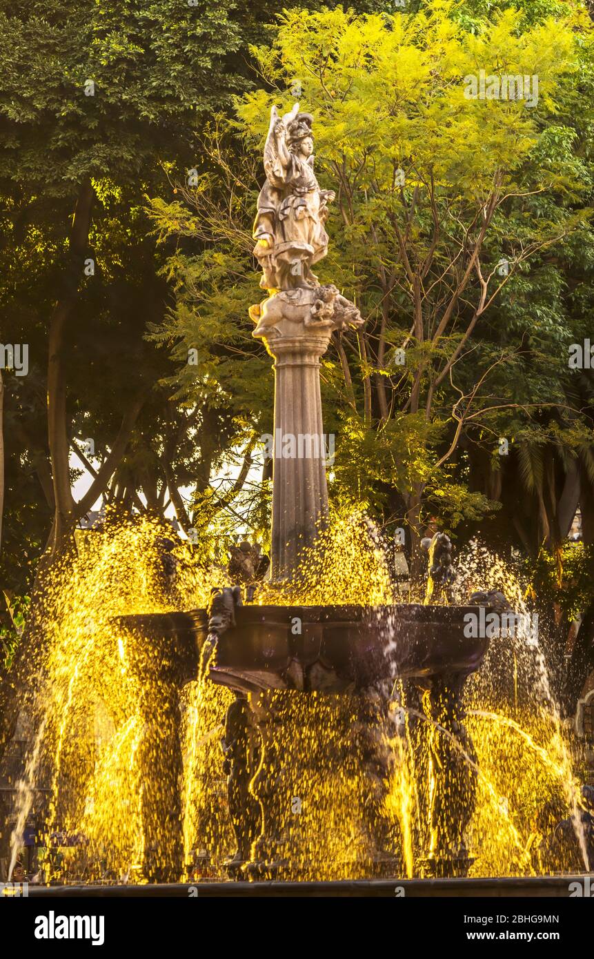 Zocalo Park Plaza San Miguel Arcangel Fountain Sunset Puebla Mexico