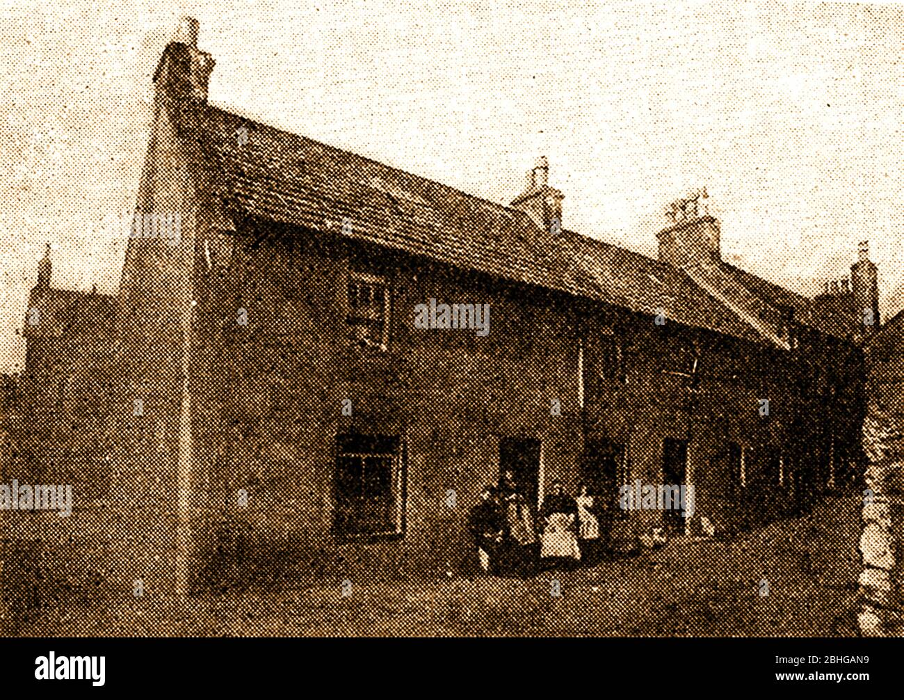 An old printed image (the earliest known) of J M Barrie's birthplace and home at  9 Brechin Road in the weaving town of  Kirriemuir ( his fictional Thrums), Forfarshire, Scotland - Sir James Matthew Barrie, 1st Baronet (1860-1937), was a writer, dramatist and story teller who is best known for his novel of Peter Pan, The Boy Who Wouldn't Grow Up (inspired by the death of his young brother). Before his death, he gave the rights and royalties from all  Peter Pan works to Great Ormond Street Hospital for Children in London. It continues to benefit from them today. Stock Photo