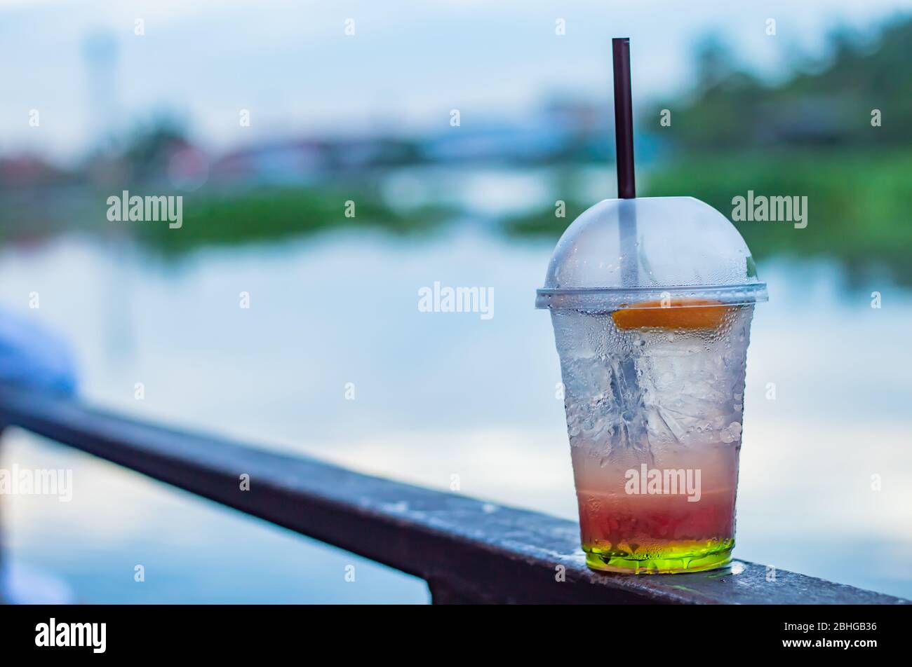 Italian soda cold Blur background river. Stock Photo