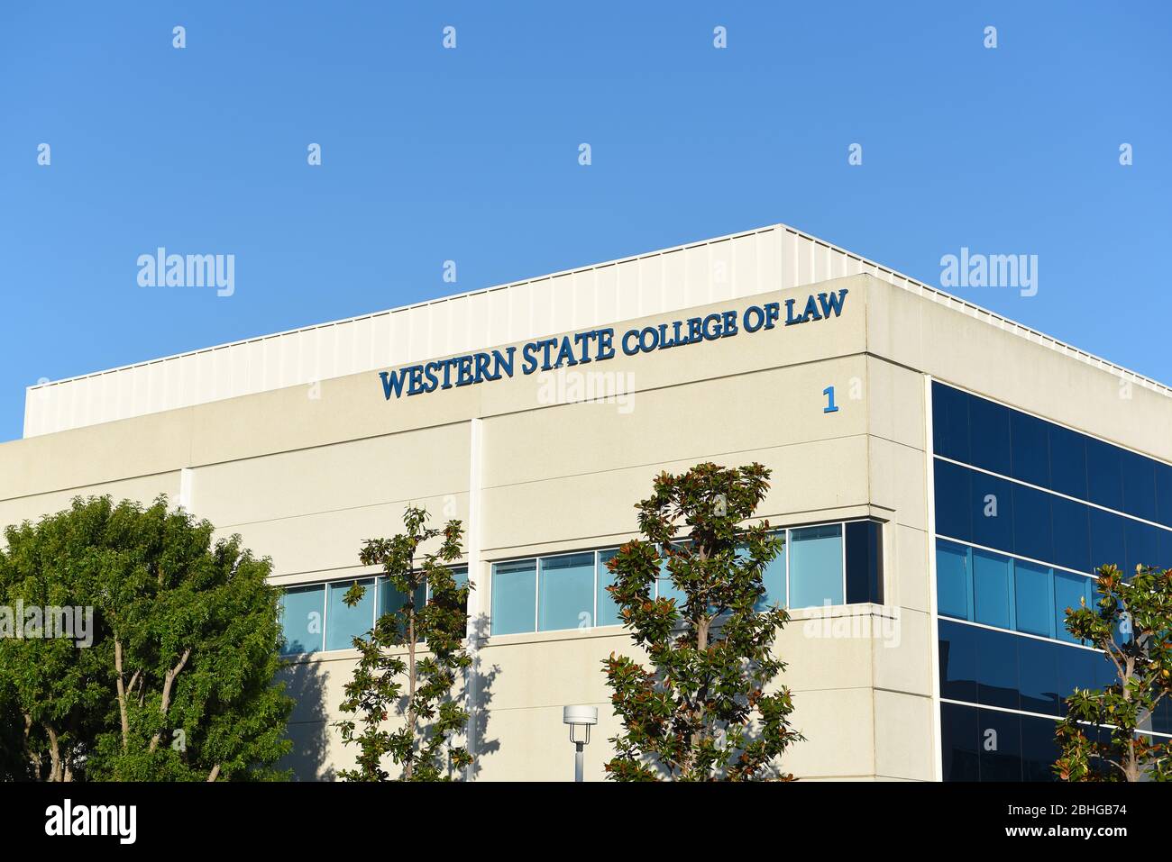 IRVINE, CALIFORNIA - 25 APRIL 2020: Closeup of the Western State College of Law, Irvine campus building. Stock Photo