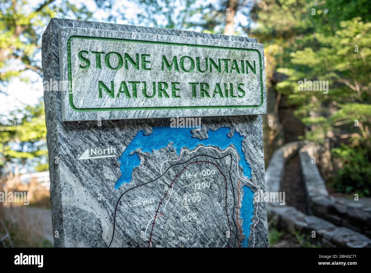 Stone trail marker for Stone Mountain Nature Trails in Atlanta, Georgia's Stone Mountain Park. (USA) Stock Photo