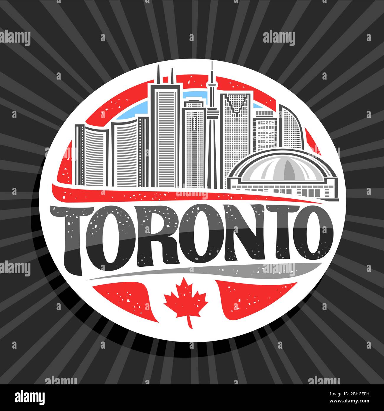 Vector logo for Toronto, white decorative round tag with line illustration of modern toronto city scape on day sky background, design tourist fridge m Stock Vector