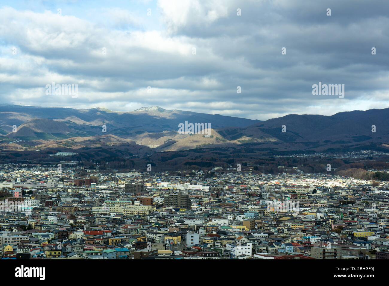 Hakodate, Japan - 30Nov2019: The view from Goryokaku Tower was particulary impressive, city building was appreciates consistency, surrounded ocean and Stock Photo