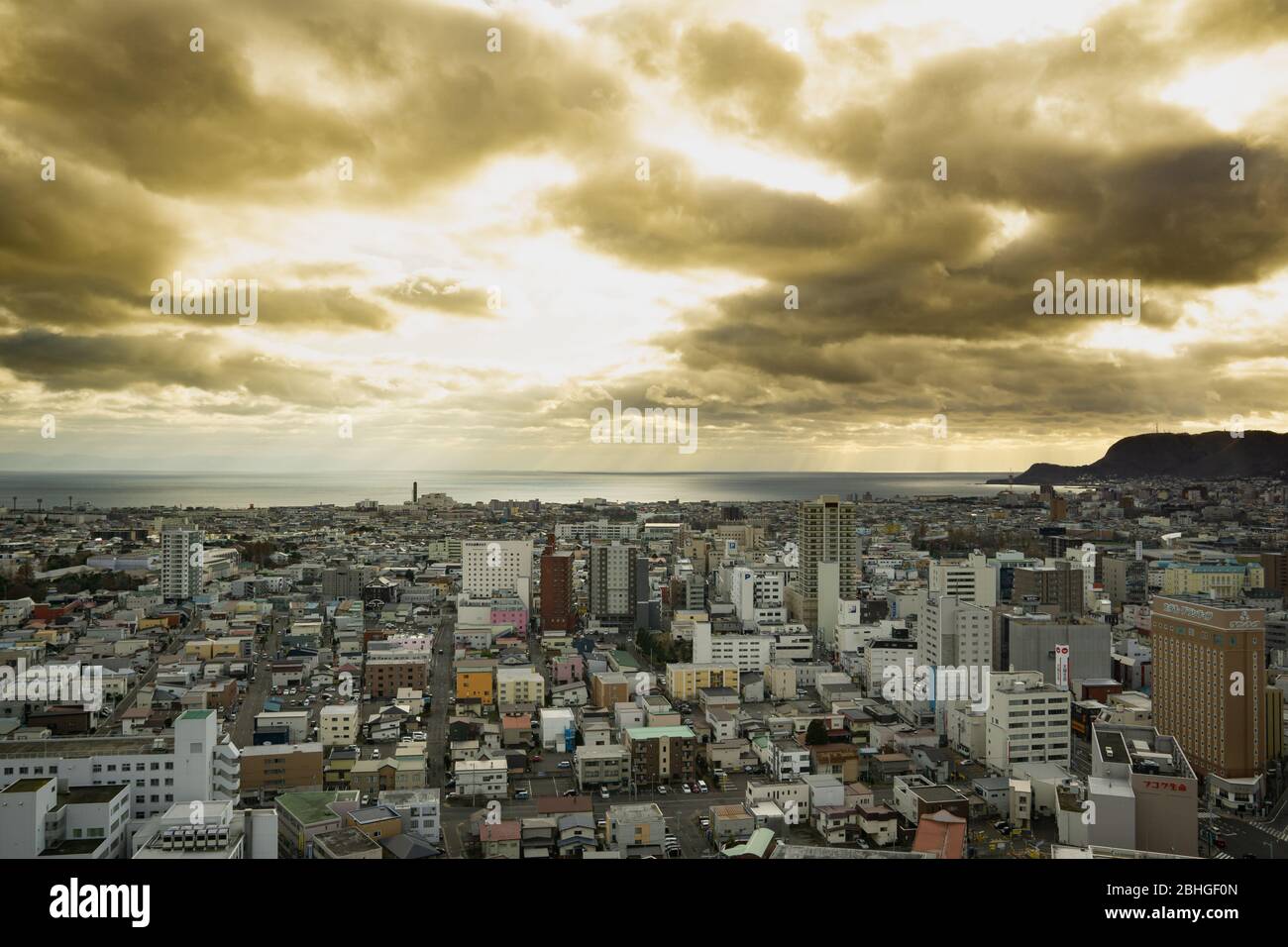 Hakodate, Japan - 30Nov2019: The view from Goryokaku Tower was particulary impressive, city building was appreciates consistency, surrounded ocean and Stock Photo