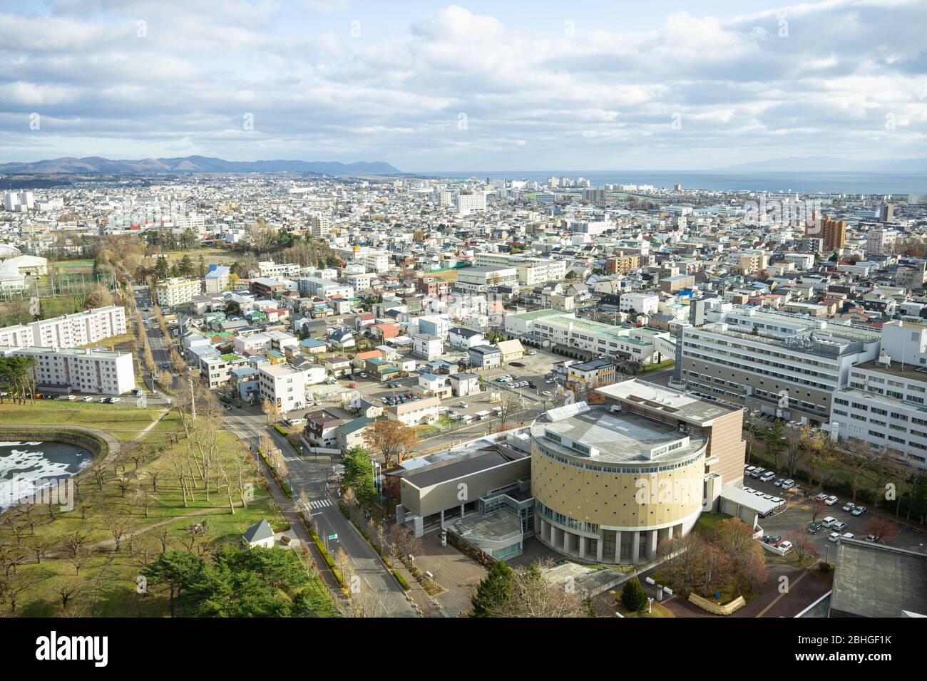 Hakodate, Japan - 30Nov2019: The view from Goryokaku Tower was particulary impressive, city building was appreciates consistency, surrounded ocean and Stock Photo