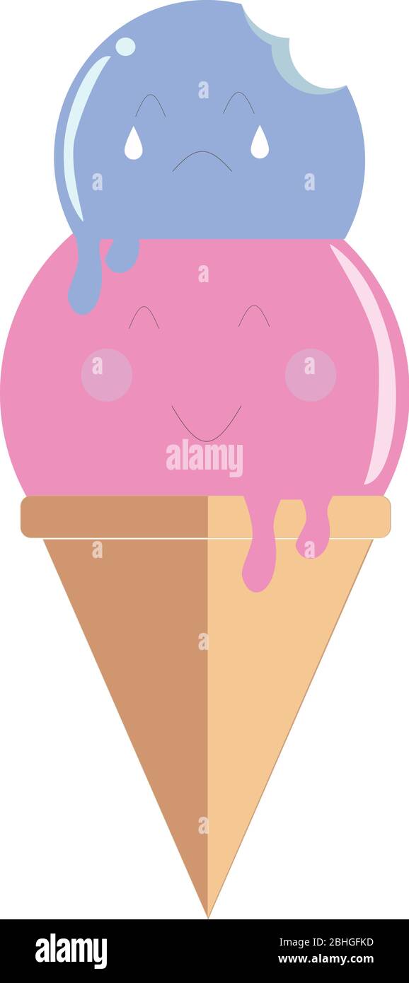 An ice-cream cone with two scoops of ice-cream. Happy strawberry scoop and sad bitten blueberry taste scoop sitting on top. Stock Vector