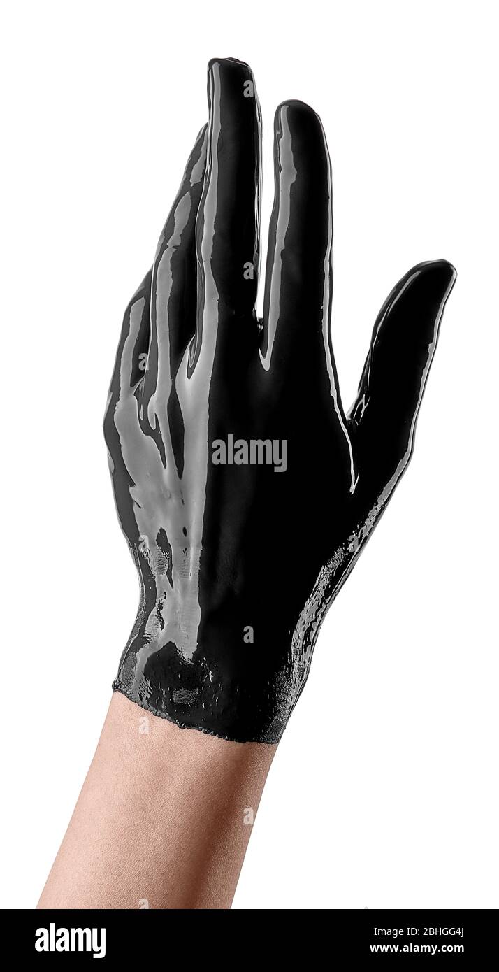 Elegant female hand in black latex glove on a white background. Female hand  in liquid black oil or black acrylic paint Stock Photo - Alamy