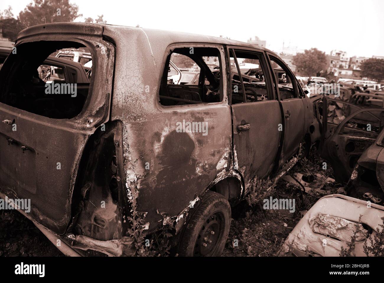 Sepia toned burnt car Stock Photo