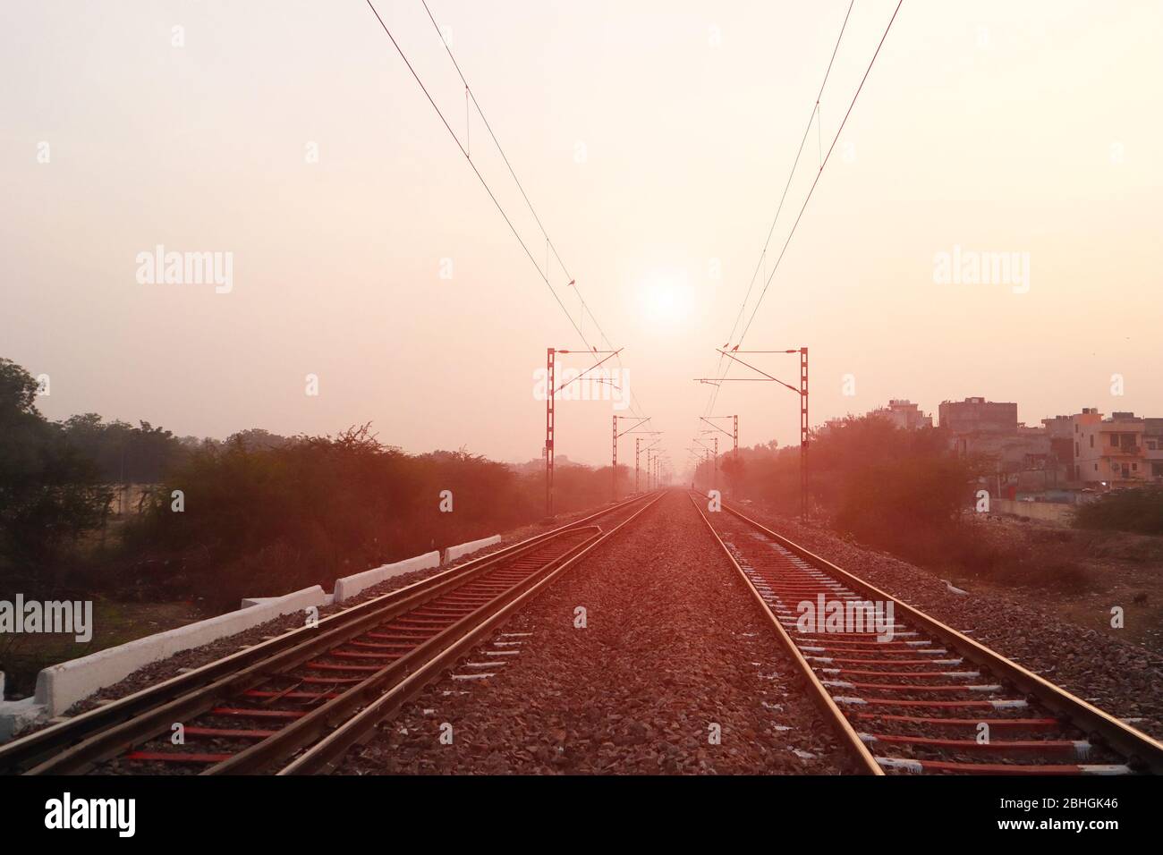 Train track during beautiful sunset time Stock Photo