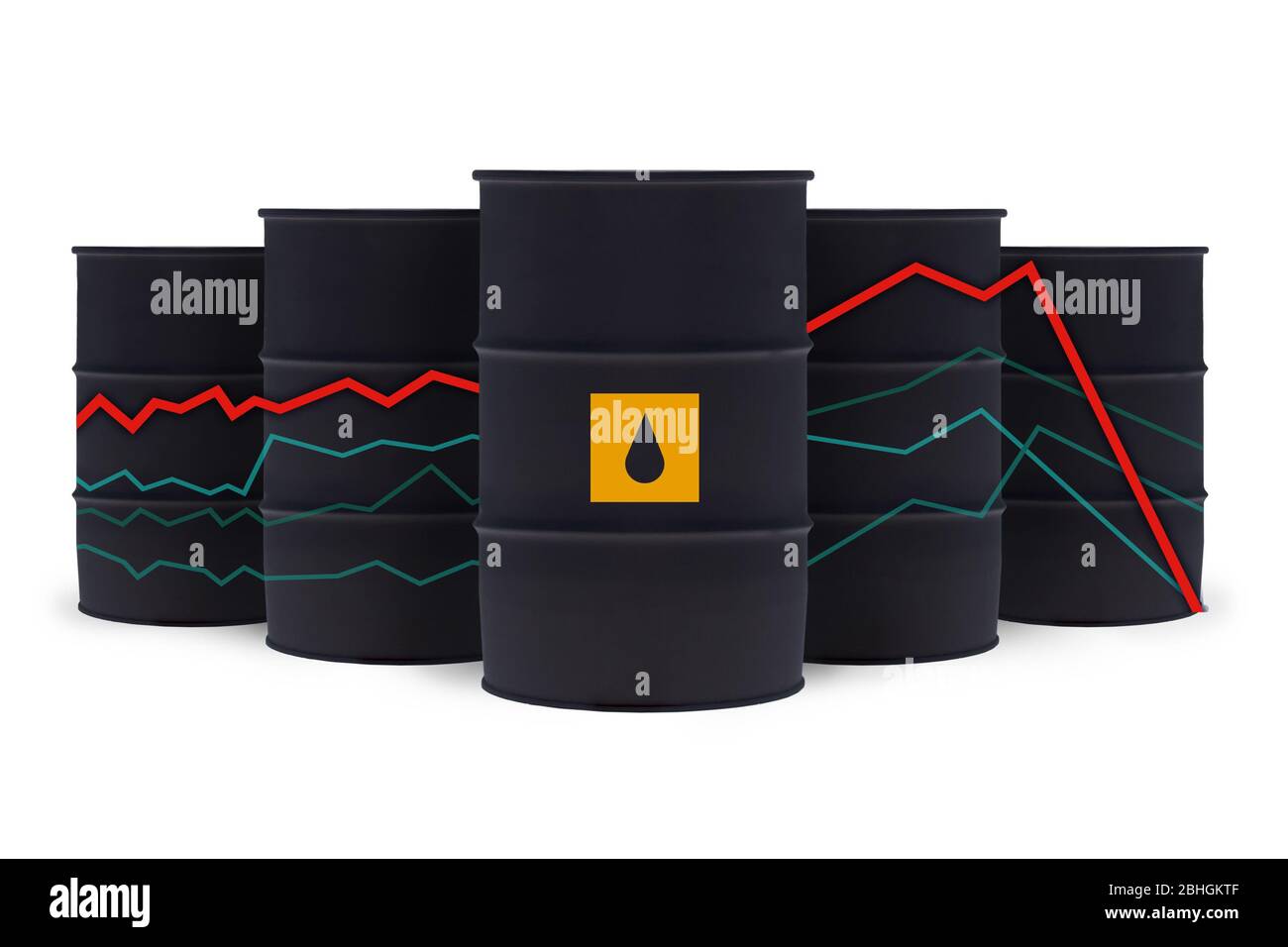 Oil barrels and statistics chart with down arrows isolated on white