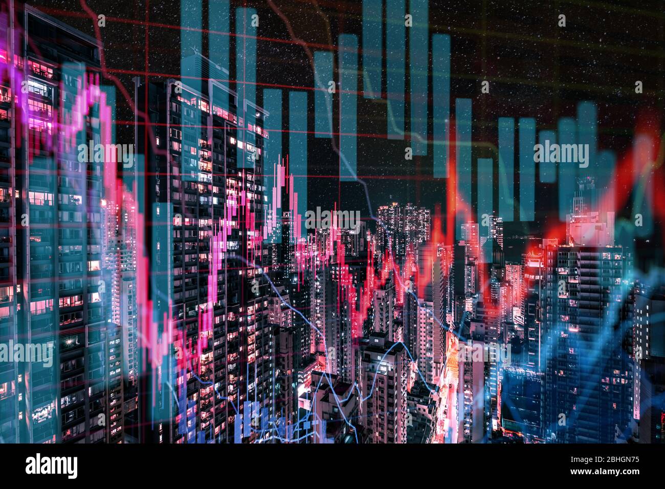 stock market chart and skyline at night - real estate business concept Stock Photo