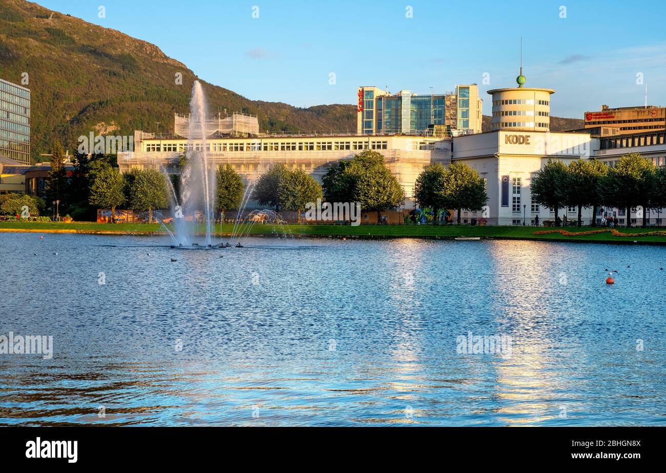 Bergen, Hordaland / Norway - 2019/09/03: Panoramic view of city center with Lille Lungeren park, Lille Lungegardsvannet pond, KODE 4 museum and Mount Stock Photo