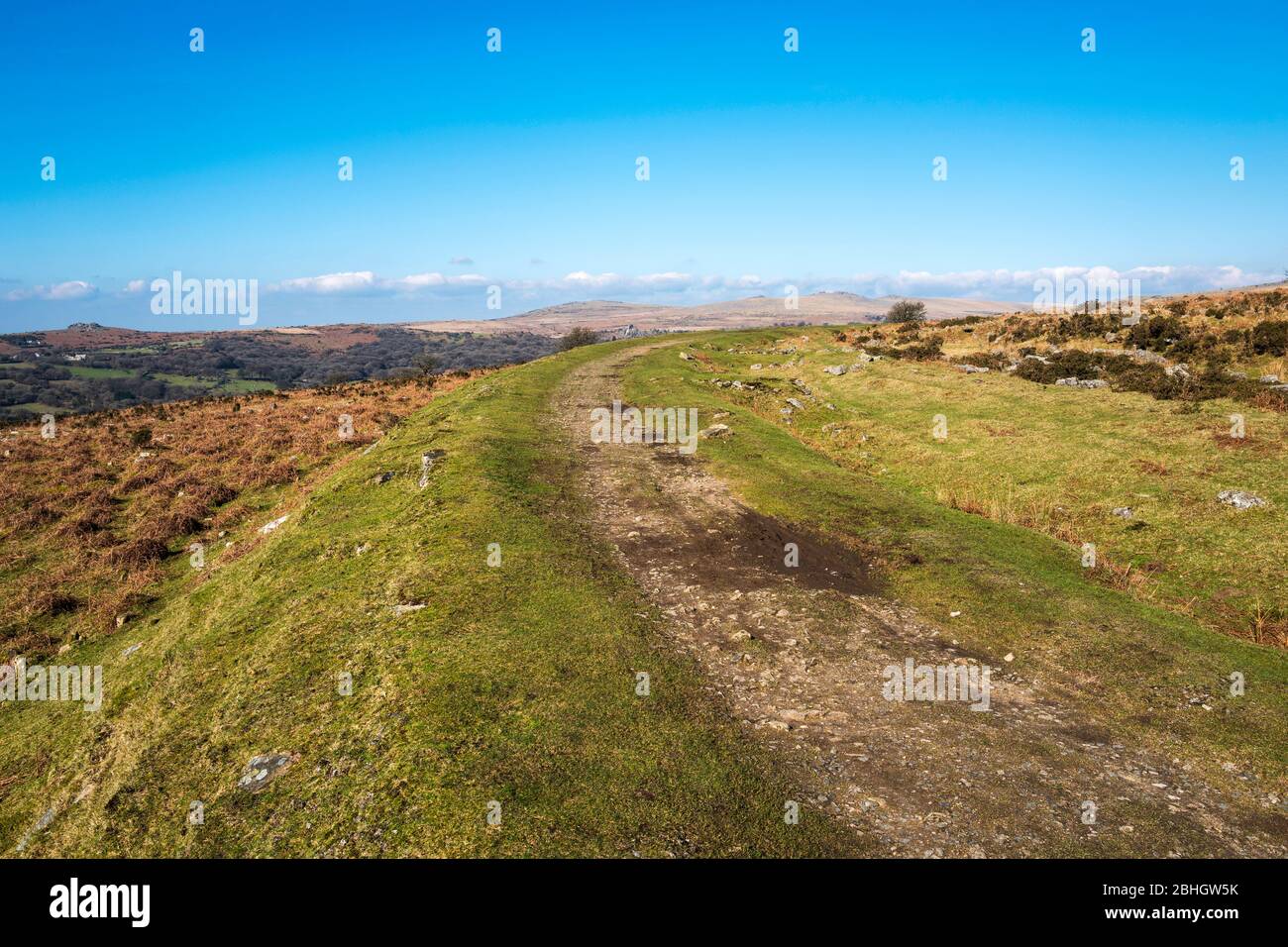 The path around King's Tor, part of the former Princetown Railway, now a popular walking route.   Dartmoor, Devon, England, UK. Stock Photo