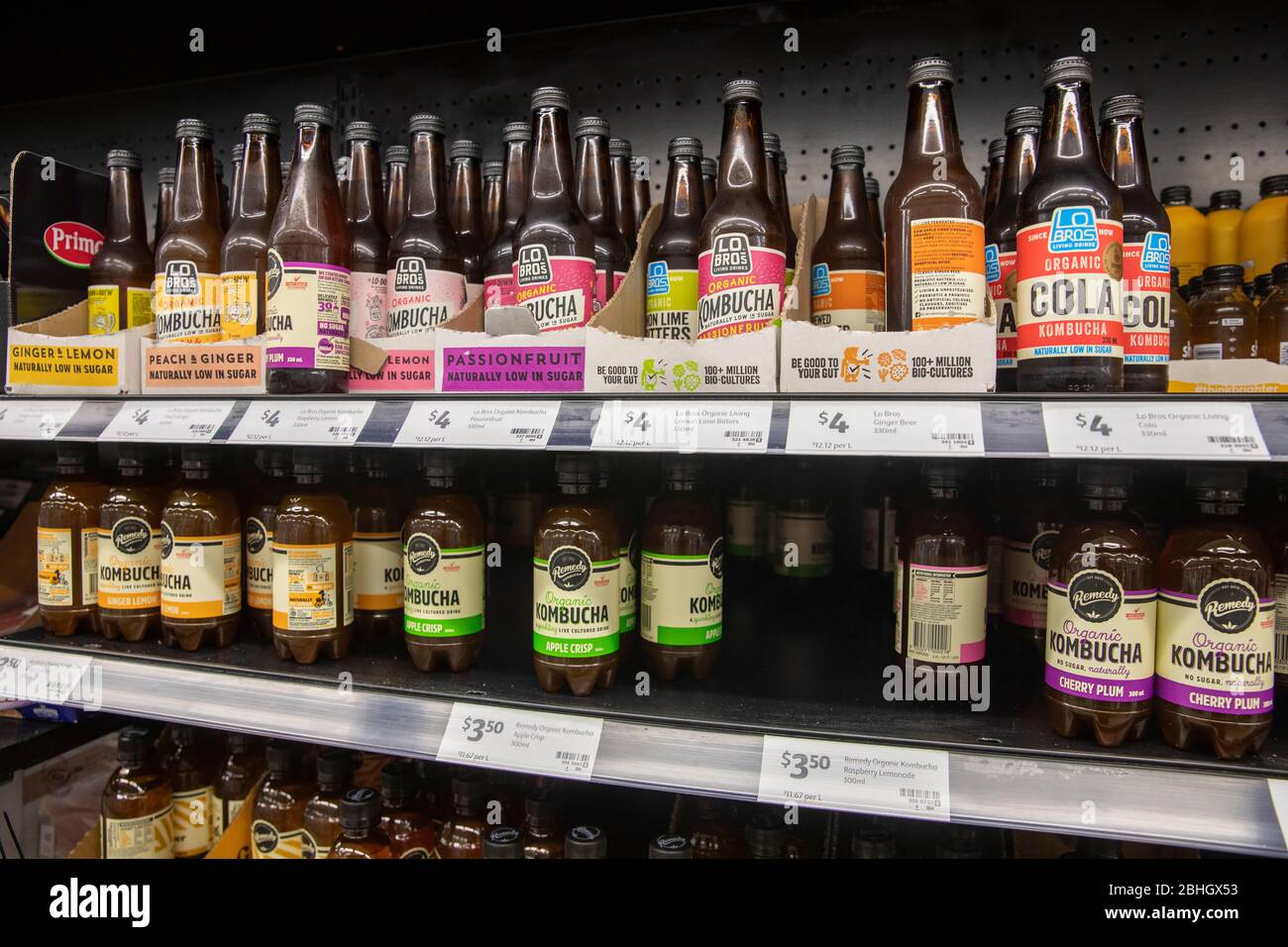 Kombucha bottles of drink on sale in an australian supermarket shelf