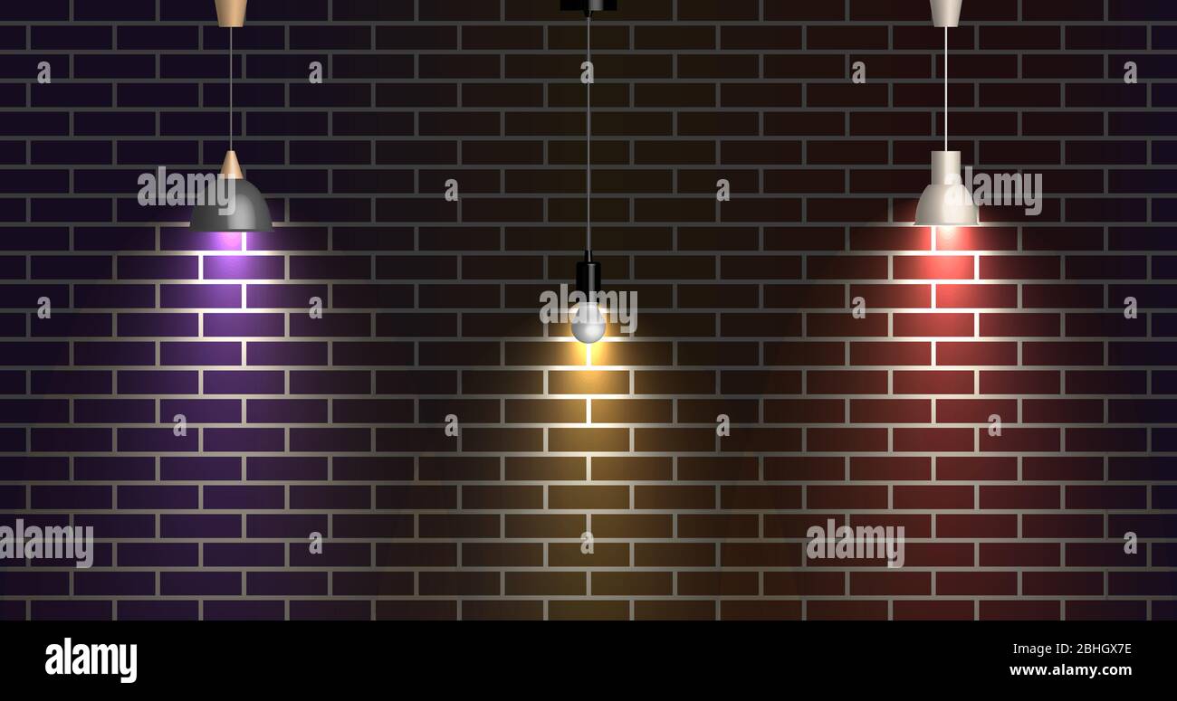 Dark brick wall illuminated by lamps, vector illustration. Stock Vector