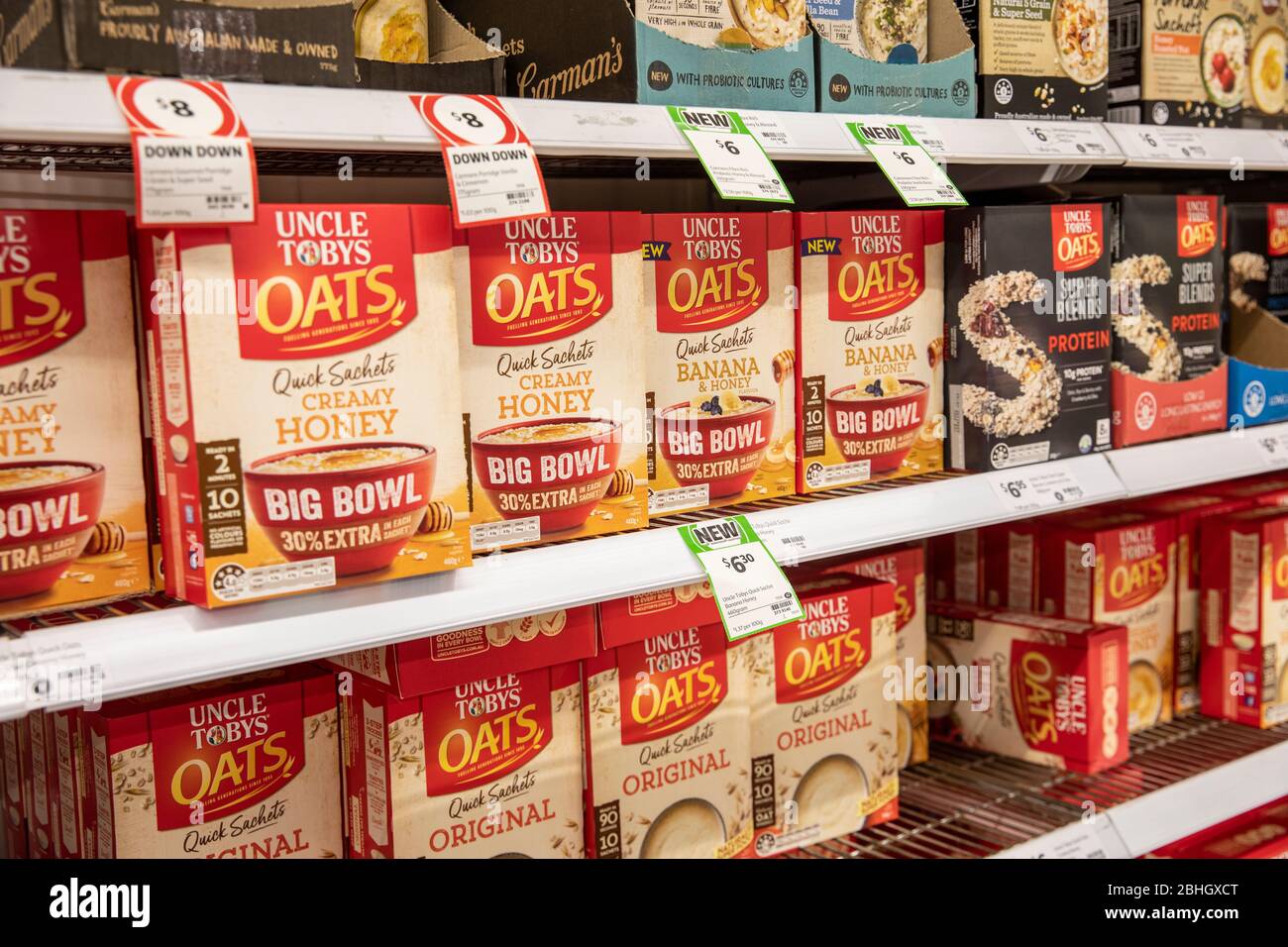 Uncle Tobys porridge Oats in quick sachets for sale on an australian supermarket shelf Stock Photo