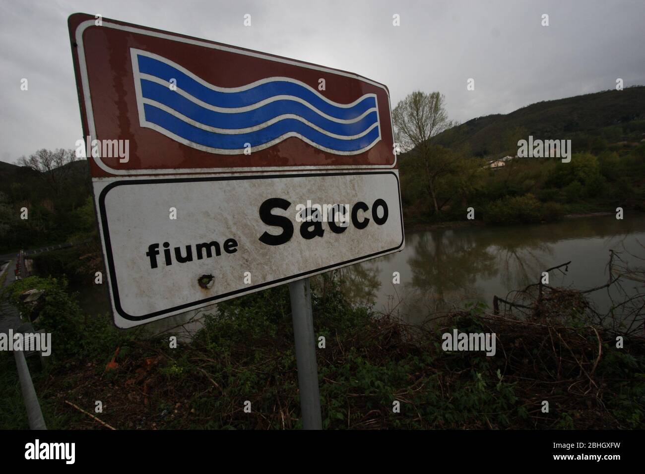 Ceprano, Italy - April 5, 2011: A stretch of the polluted Sacco river in the province of Frosinone Stock Photo