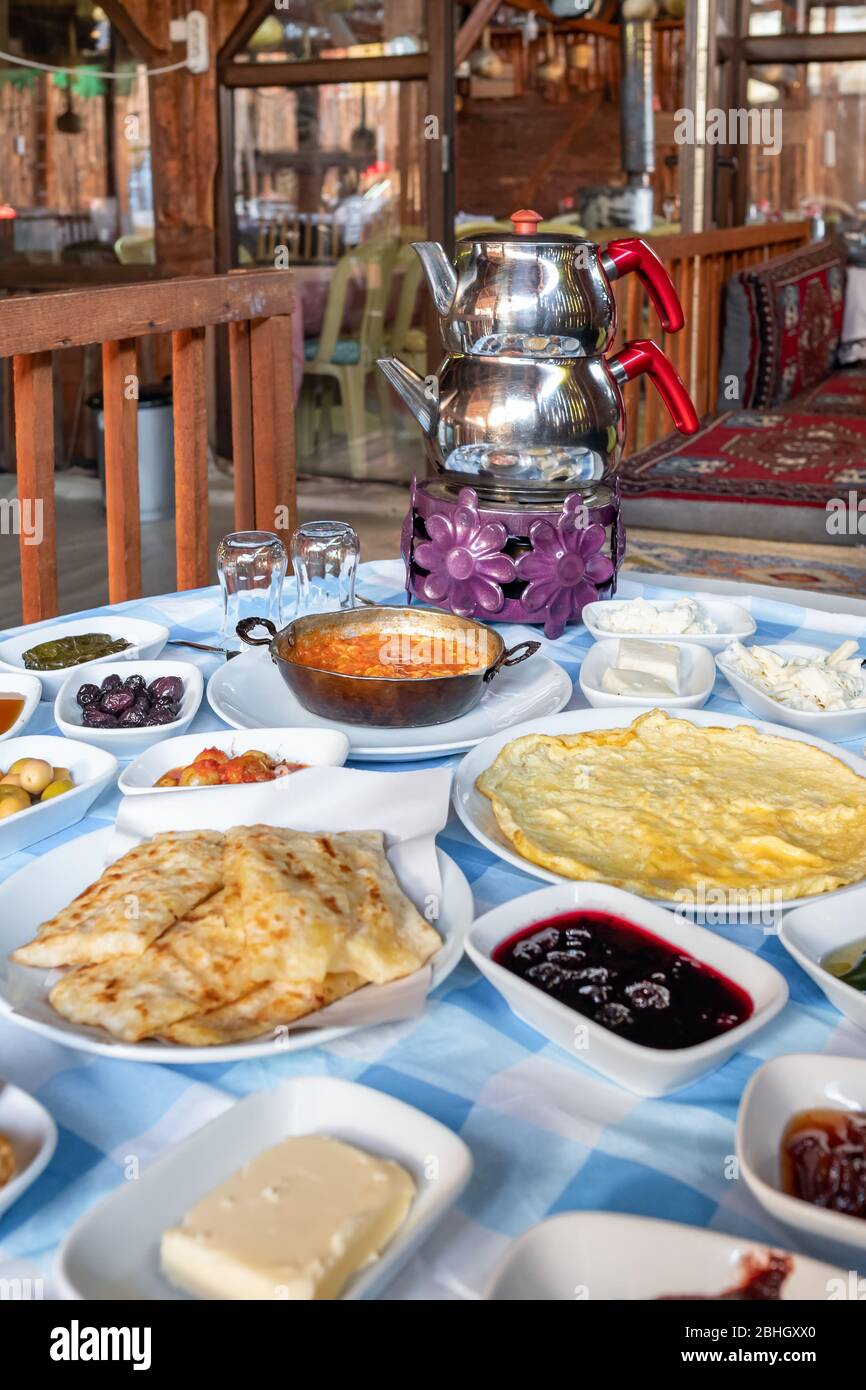 Delicious traditional turkish breakfast on the table Stock Photo