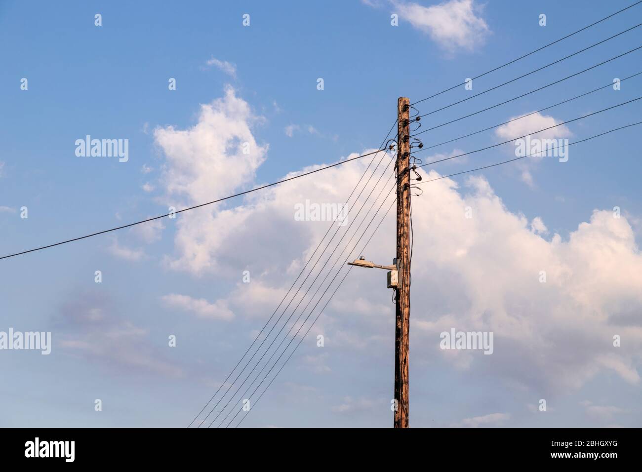 Wooden telegraph pole with power and telecoms cables attached Stock Photo