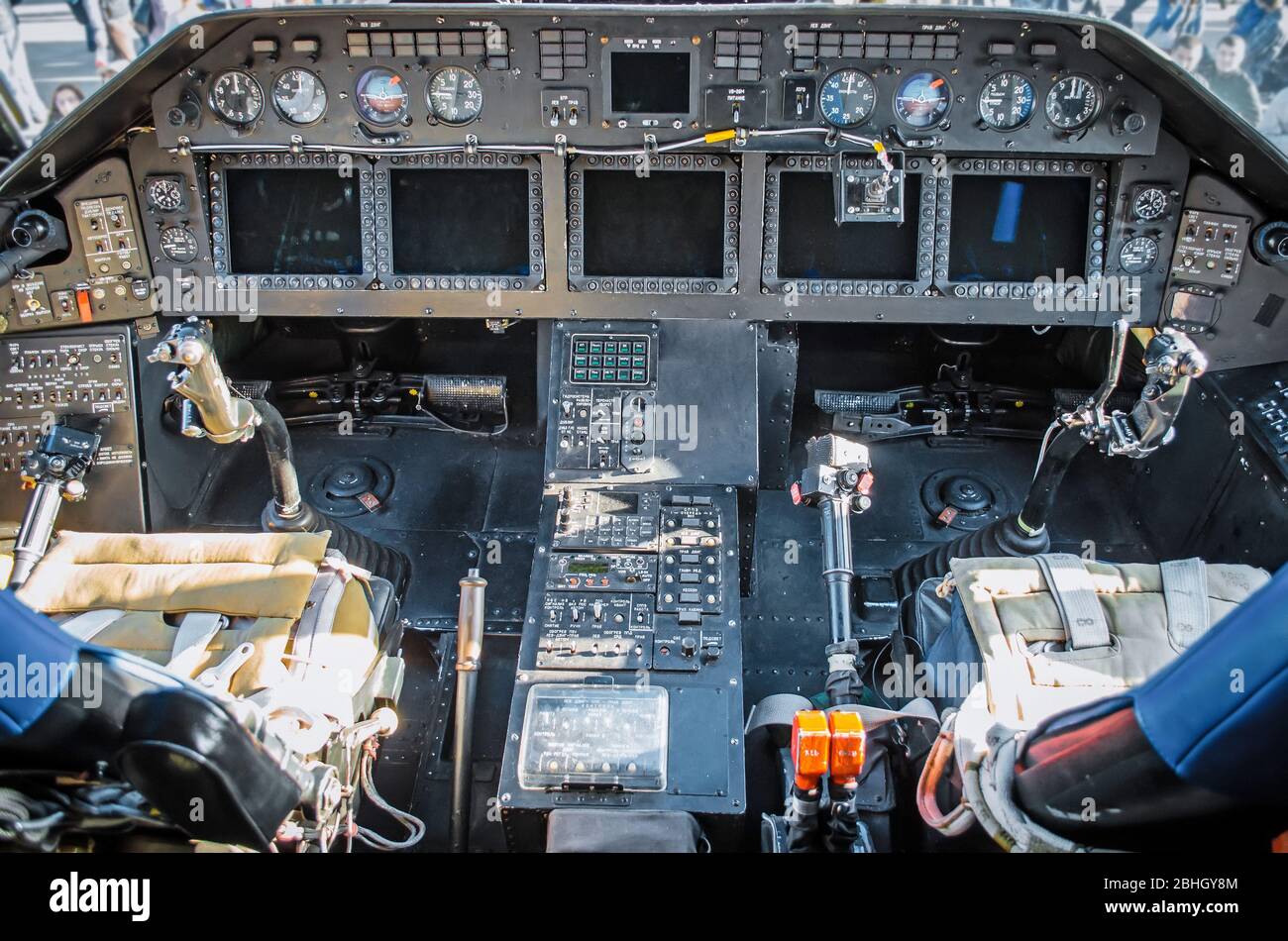 Cabin helicopter view of the panel instruments and the steering wheel