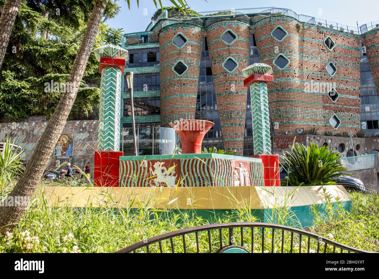 View on the background of the Palazzo Solimene in Vietri sul mare which was built after the Second World War by Paolo Soleri and houses collections of Stock Photo