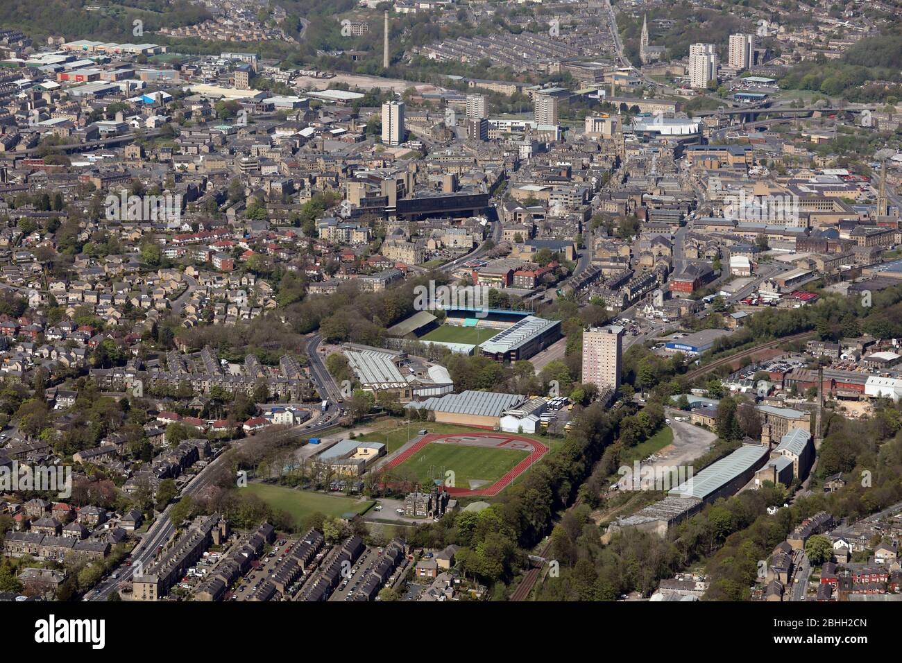 aerial view of the Halifax town centre skyline, West Yorkshire, UK Stock Photo