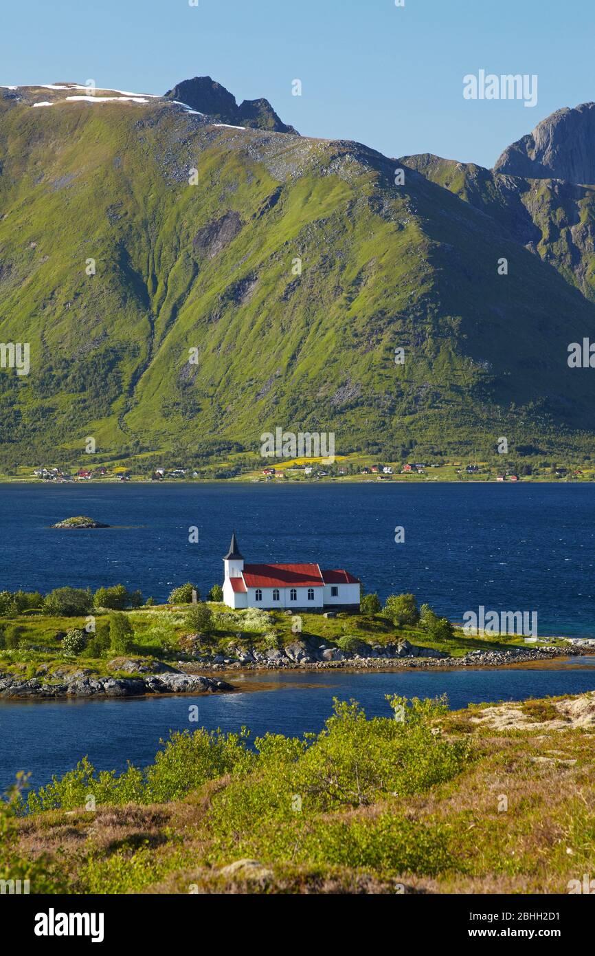 Vestpollen church on the Lofoten Islands, Norway. Stock Photo