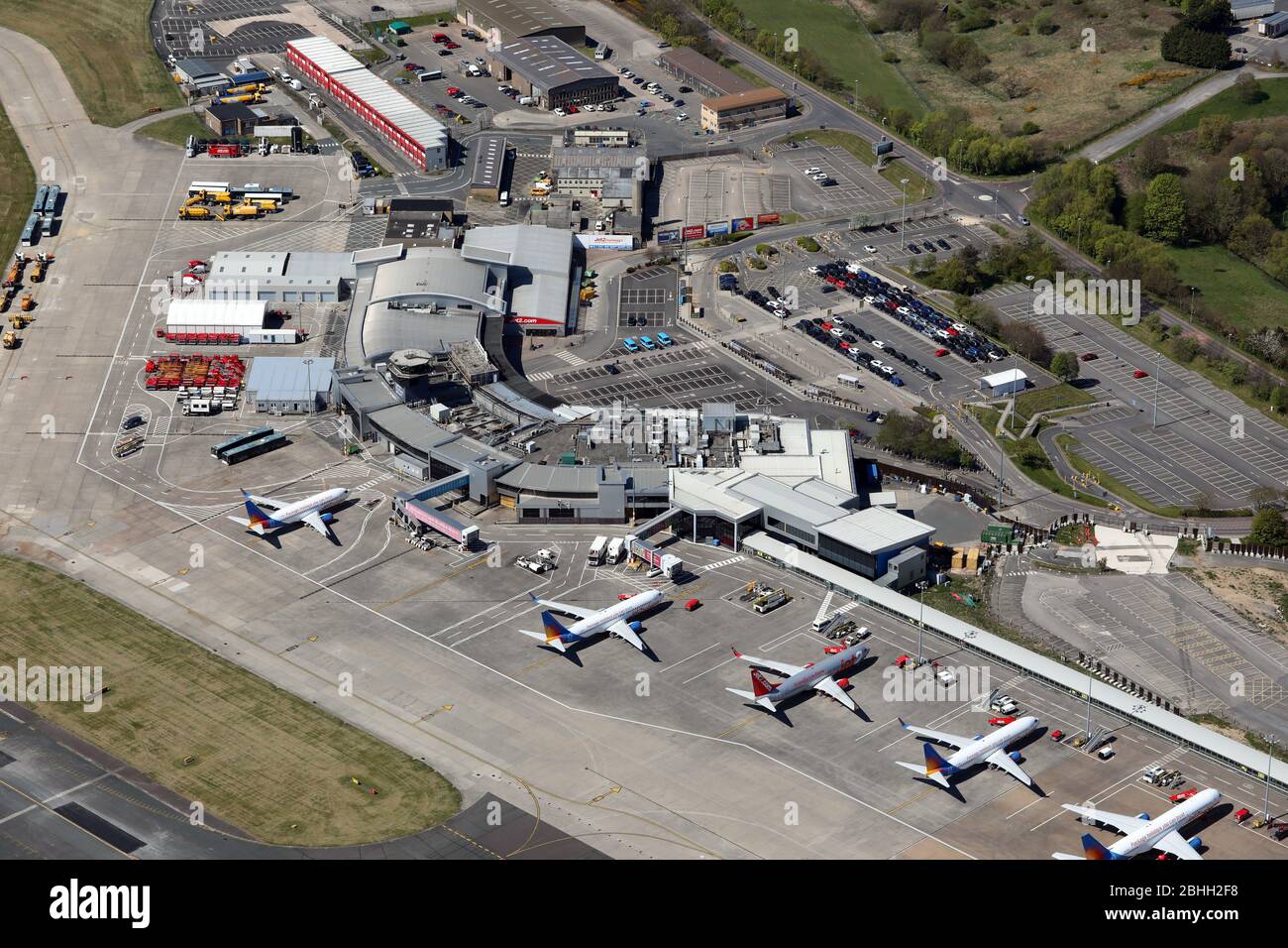 aerial view of Leeds Bradford Airport in lock-down during the Covid-19 pandemic, April 2020 Stock Photo