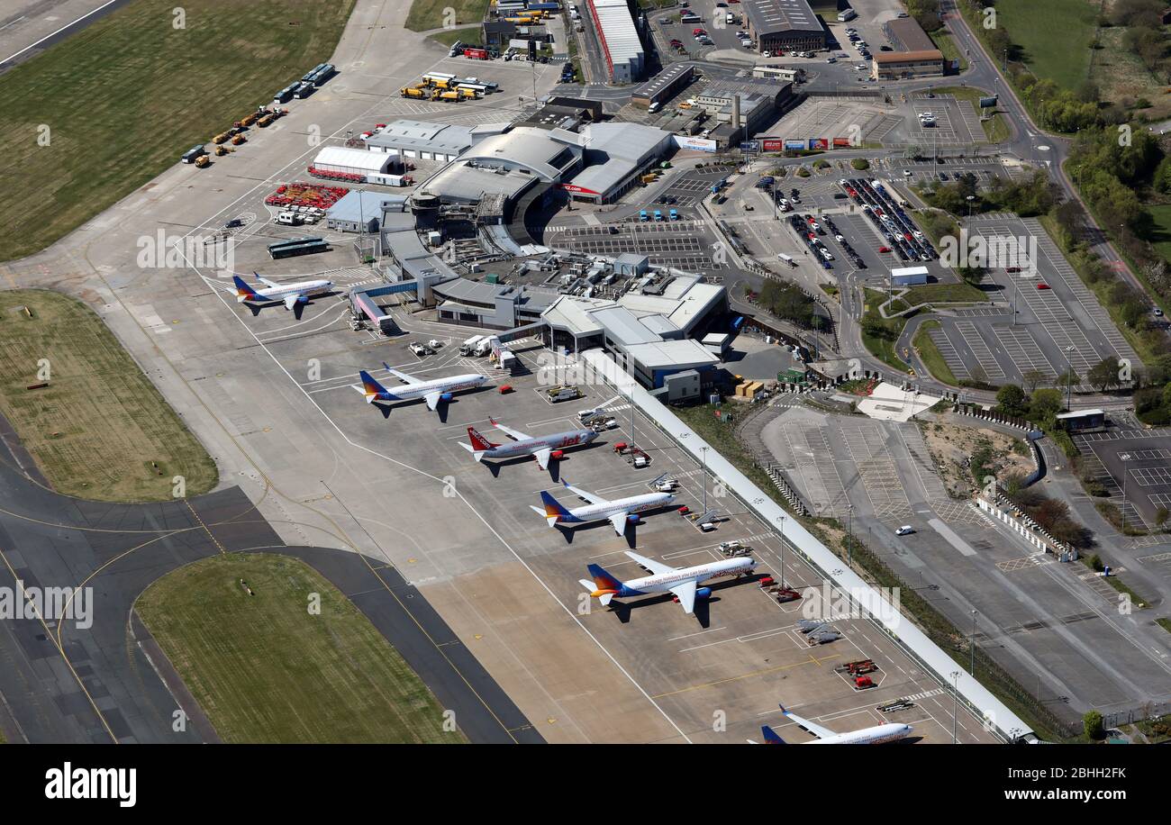 aerial view of Leeds Bradford Airport in lock-down during the Covid-19 pandemic, April 2020 Stock Photo